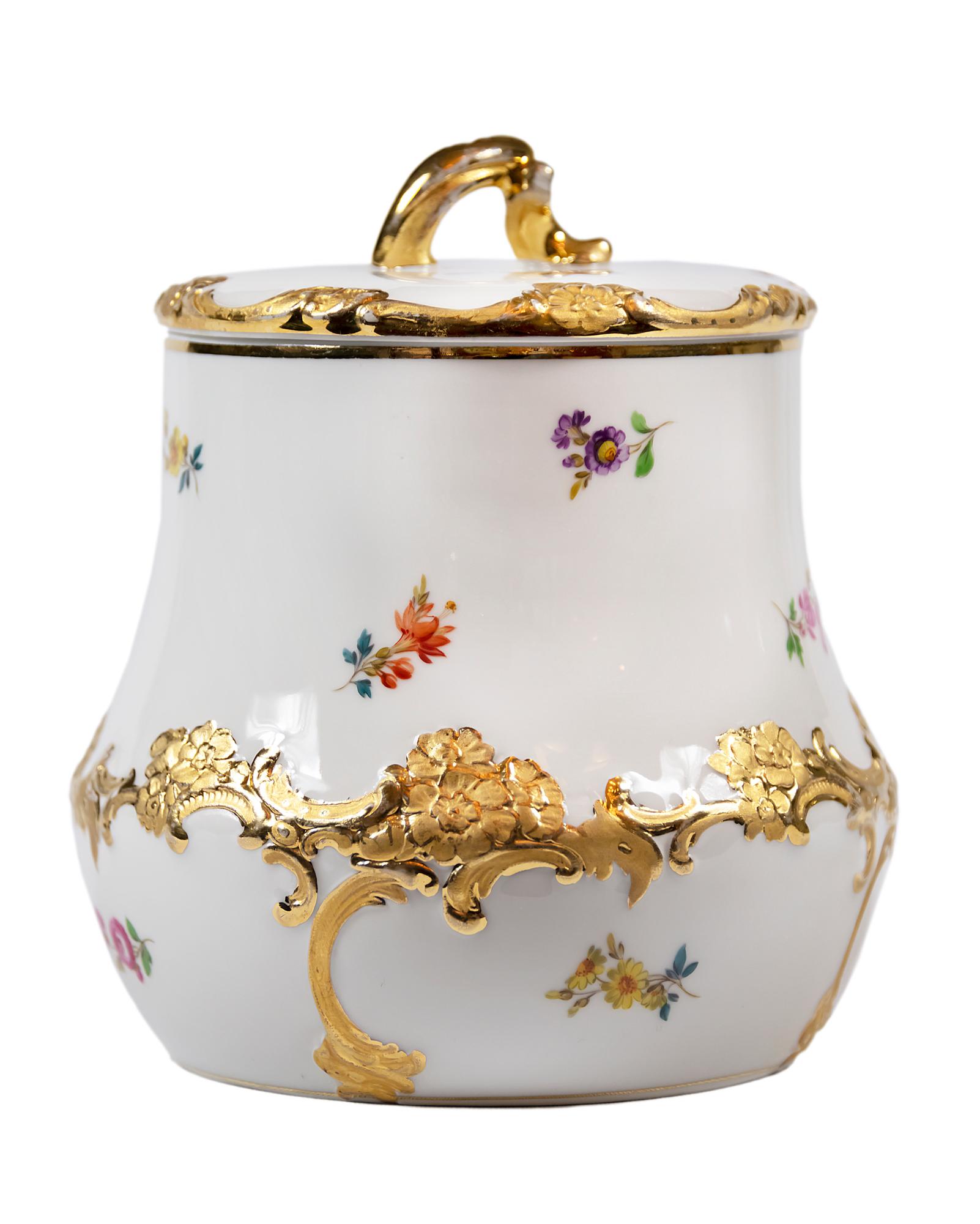 Meissen porcelain cookie jar with lid, hand painted flowers and gold decor.
 