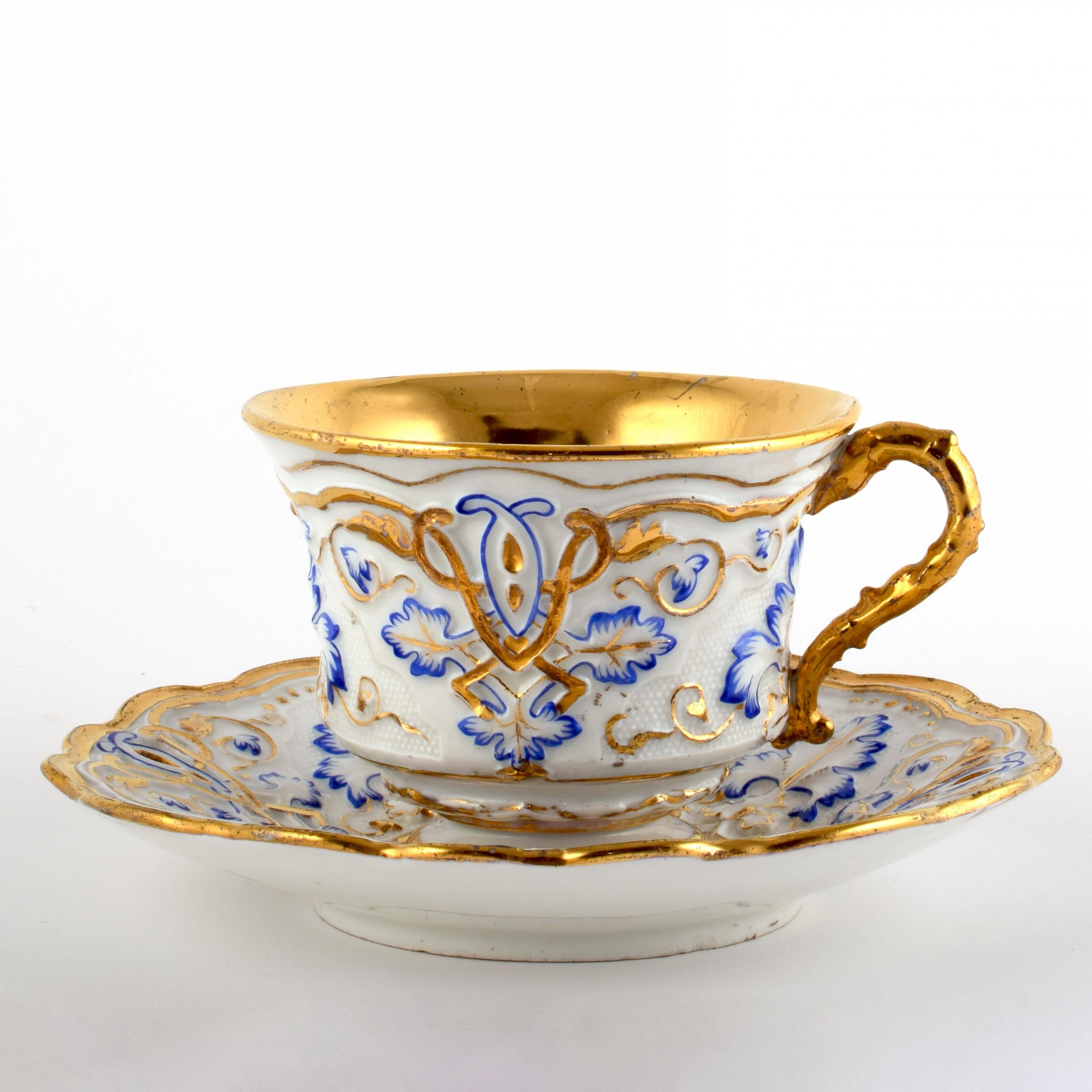 19th century Meissen porcelain cup and saucer.
White porcelain cup and saucer beautifully decorated in blue and gold gilt. Hand painted.
Small chip on the foot rim of the saucer. Not seen unless turned upside down.

Measurement (cm)
Cup: Height
