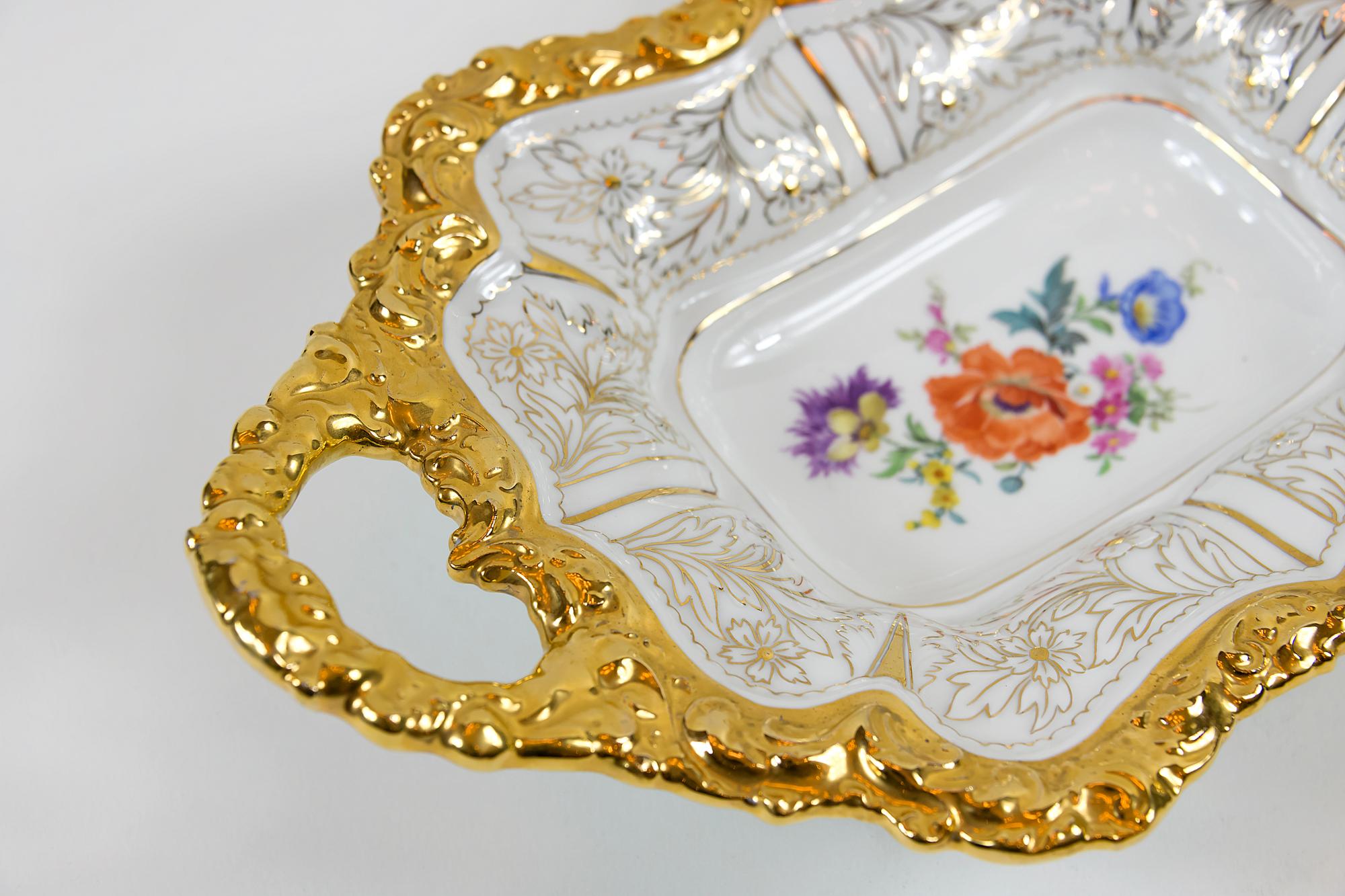 Gilt Meissen Porcelain Deep Cabinet Plate or Bowl with Handles