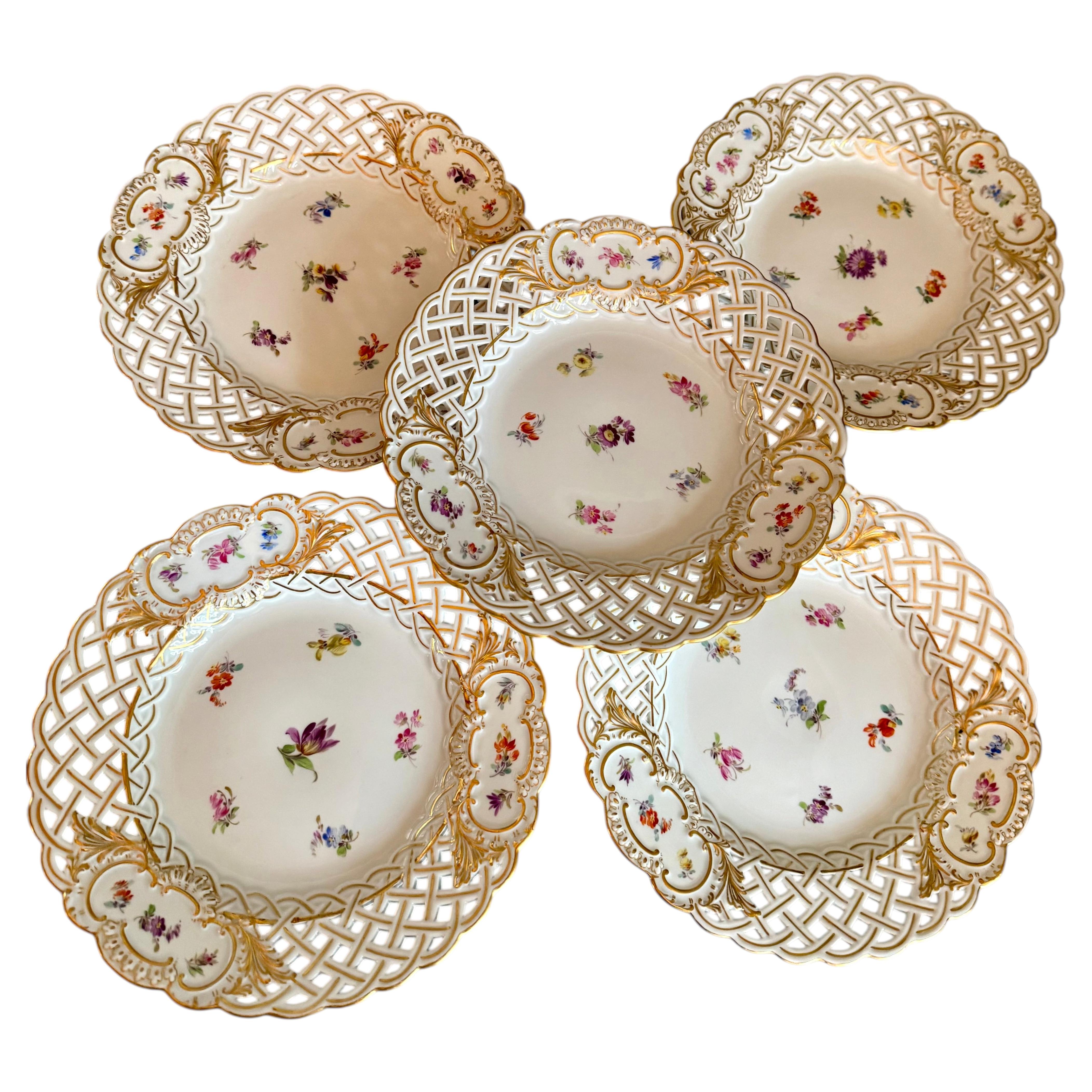 Meissen Porcelain Dessert Plate, Reticulated, Hand-Painted, 1880-1900
