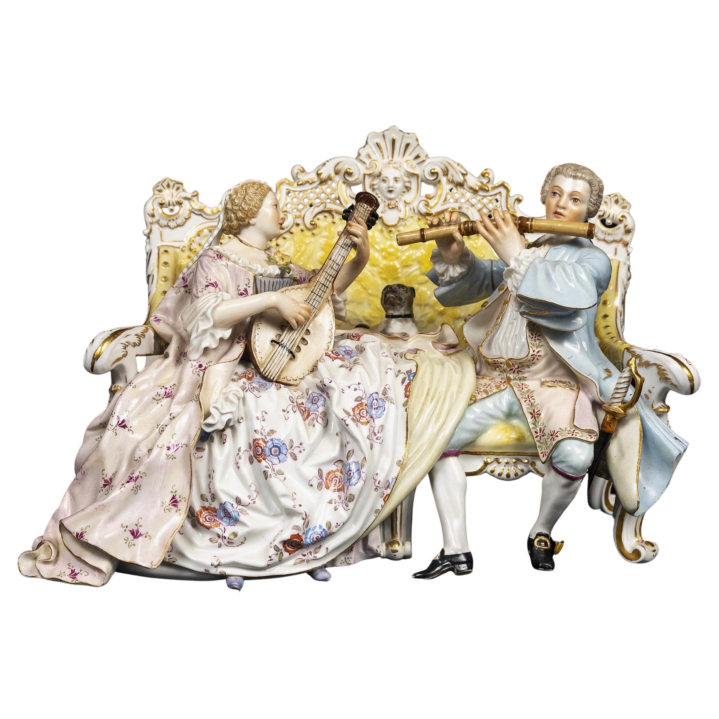 Meissen Porcelain Figural Group of Musician Lovers on Sofa, After J.J. Kandler