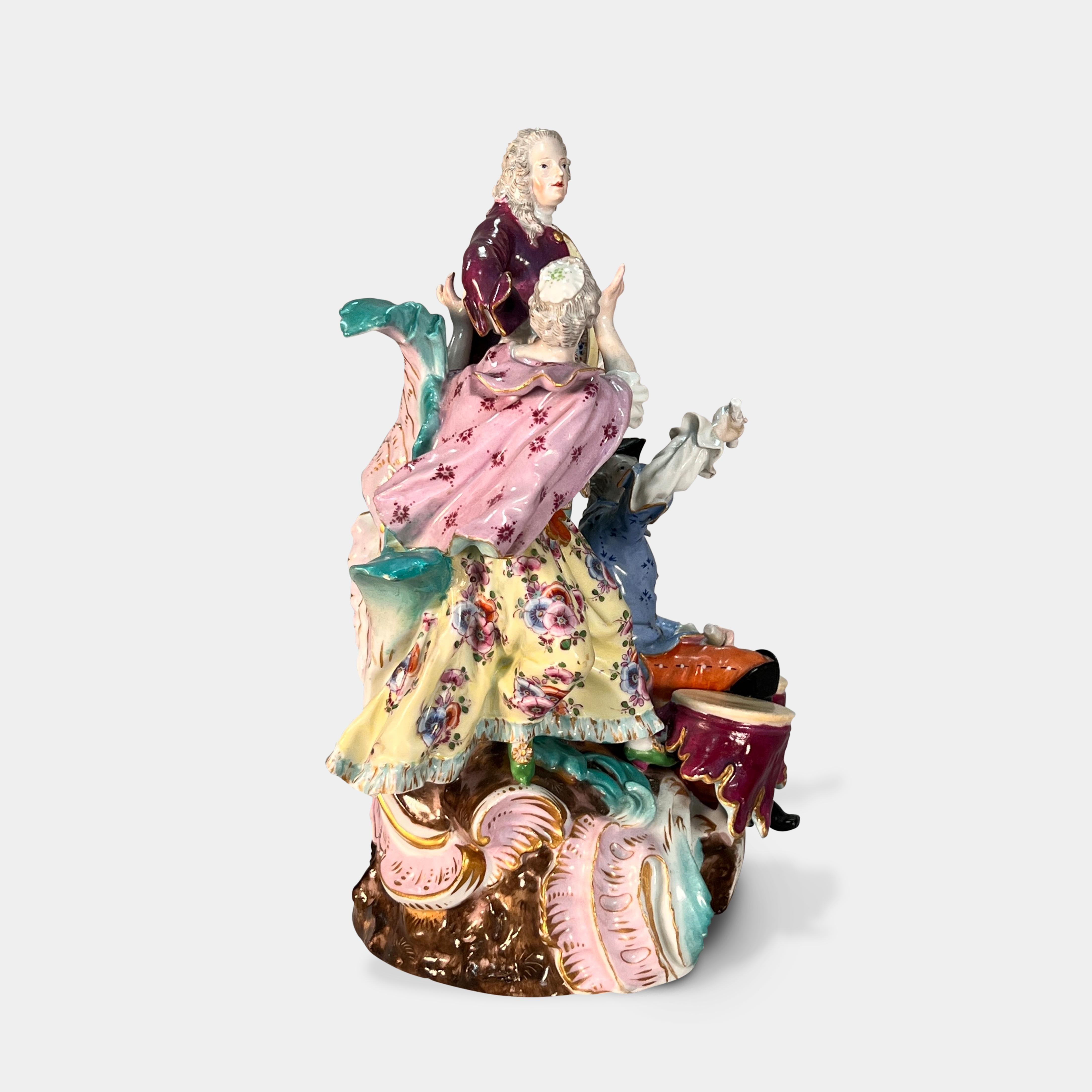 Hand-Painted Meissen Porcelain Figural Group with a Musician Playing the Drums For Sale