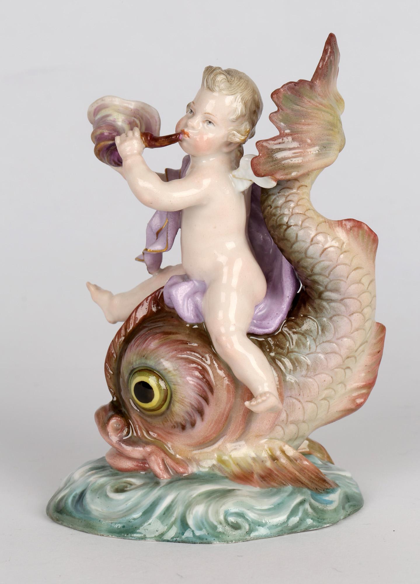 Meissen Porcelain Figure of a Cherub Playing a Horn Riding on a Large Fish 3