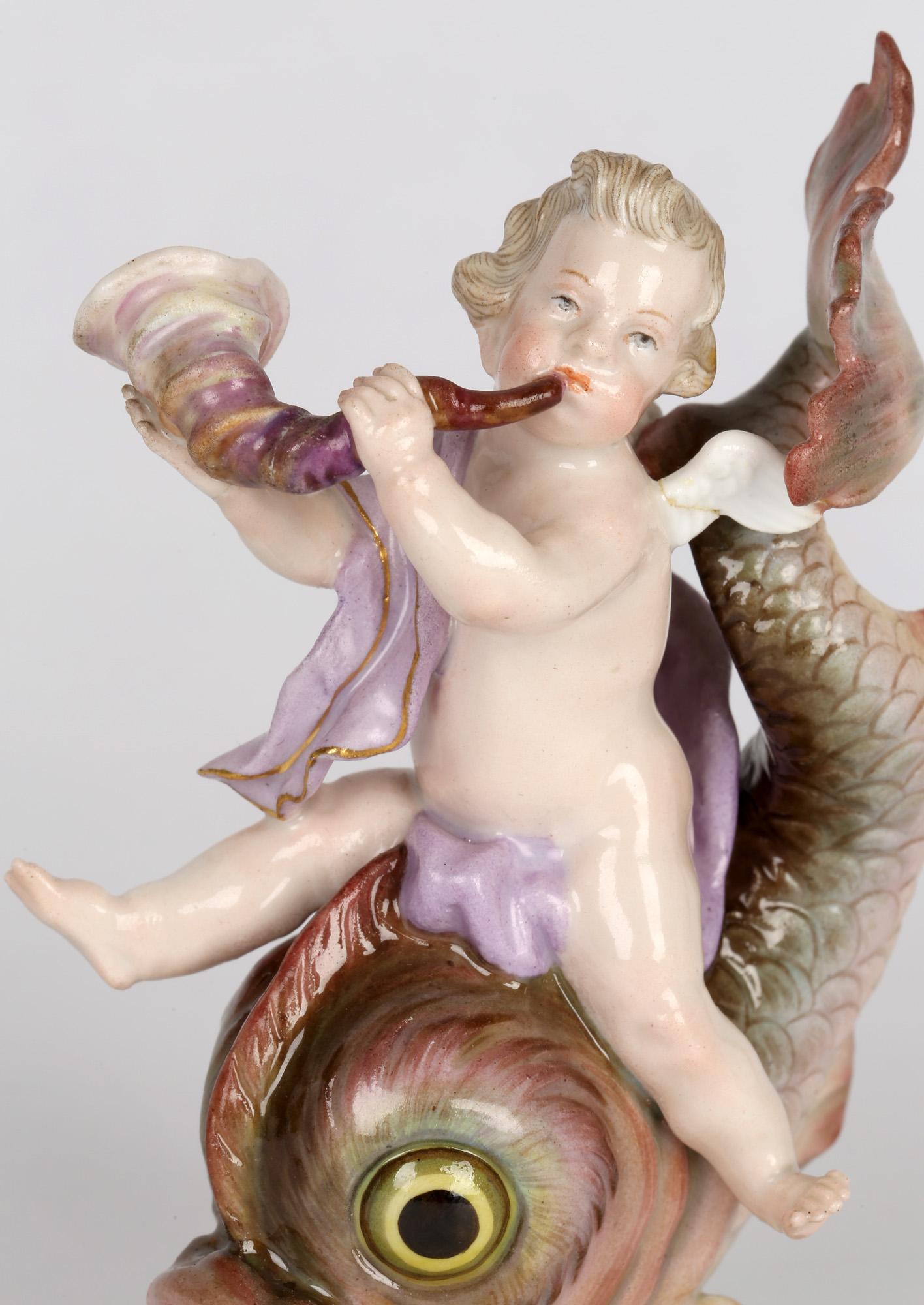 Meissen Porcelain Figure of a Cherub Playing a Horn Riding on a Large Fish 4