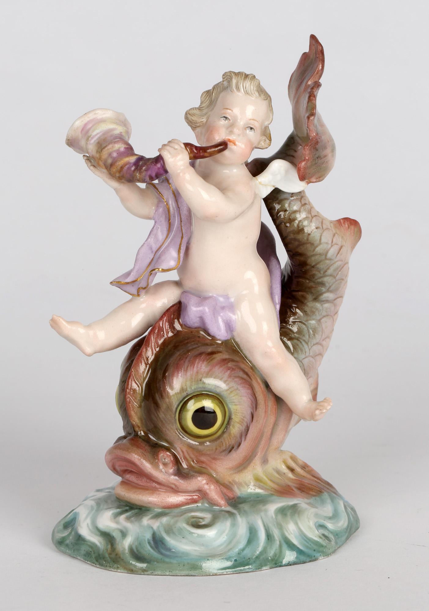 Meissen Porcelain Figure of a Cherub Playing a Horn Riding on a Large Fish 6
