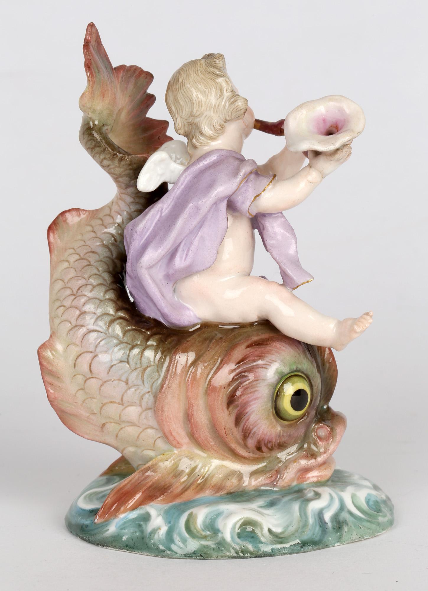 Neoclassical Meissen Porcelain Figure of a Cherub Playing a Horn Riding on a Large Fish