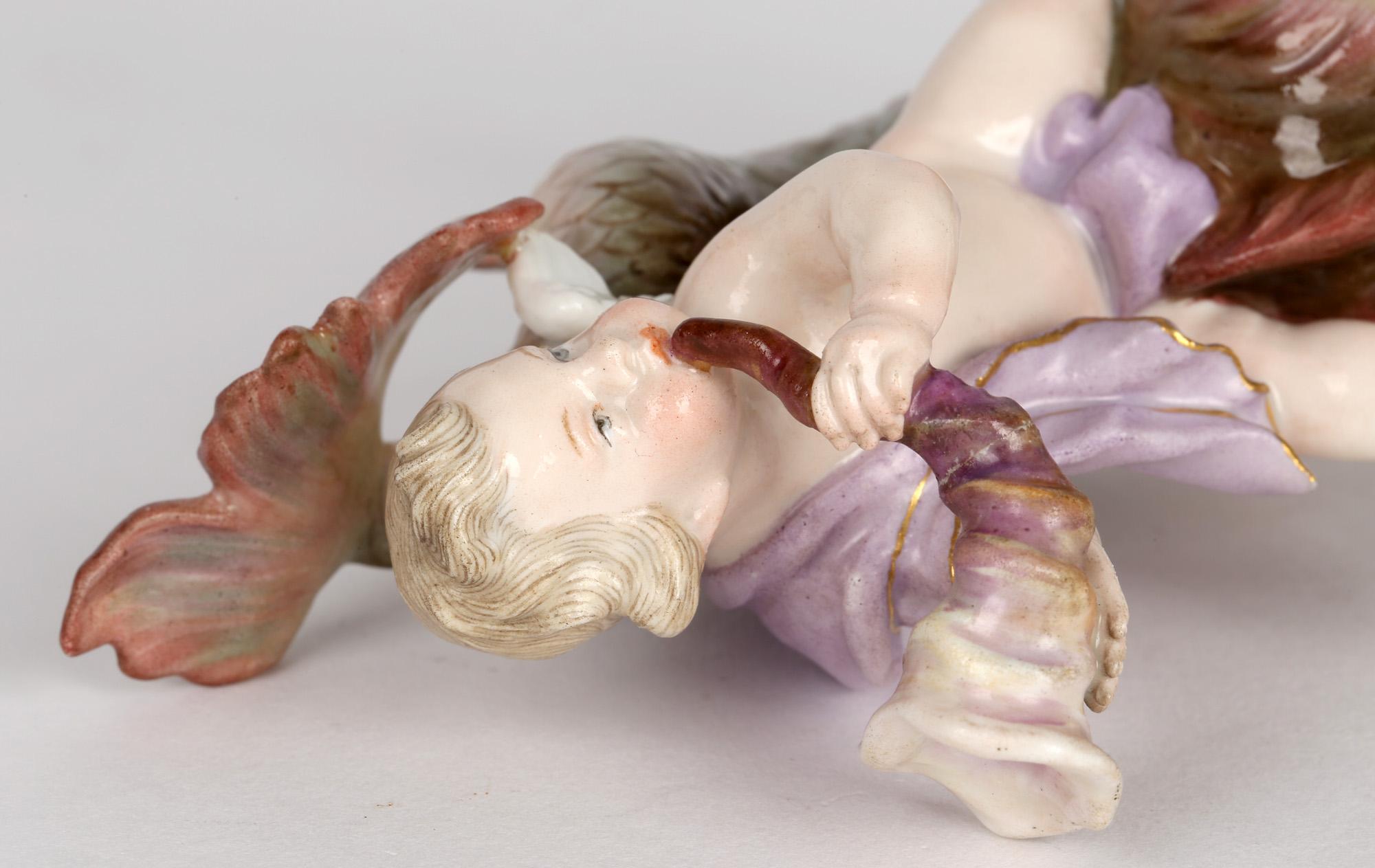 German Meissen Porcelain Figure of a Cherub Playing a Horn Riding on a Large Fish