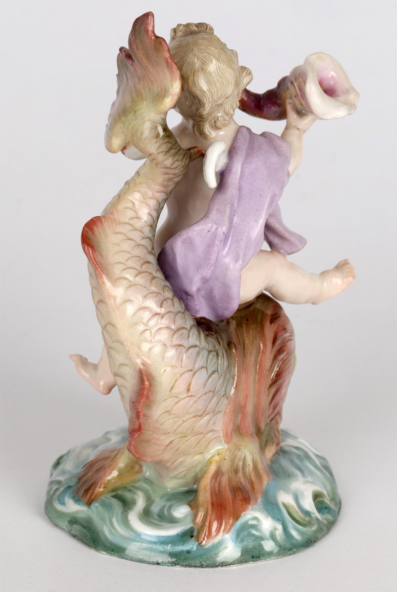Hand-Painted Meissen Porcelain Figure of a Cherub Playing a Horn Riding on a Large Fish