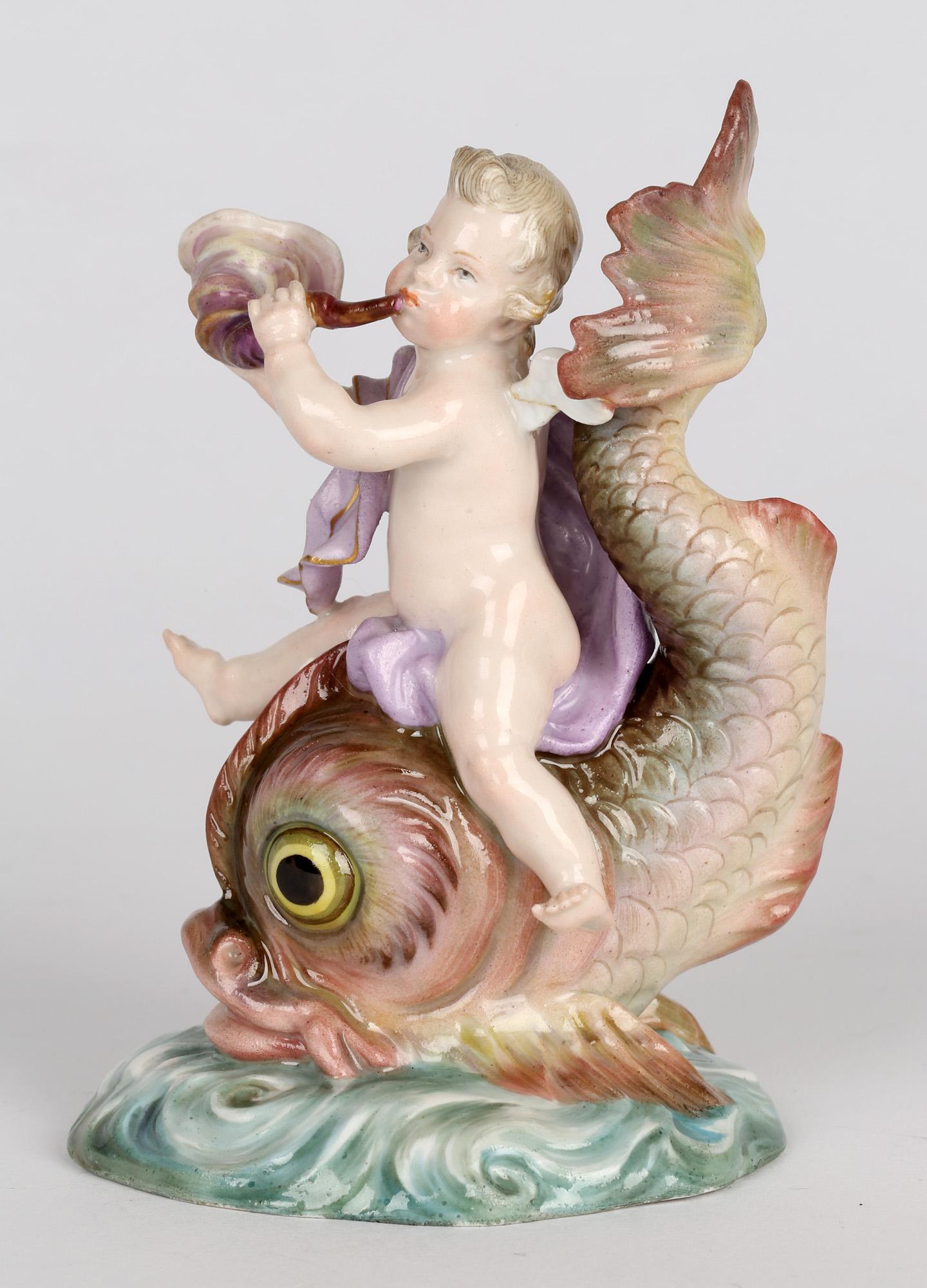 Meissen Porcelain Figure of a Cherub Playing a Horn Riding on a Large Fish In Good Condition In Bishop's Stortford, Hertfordshire
