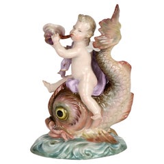 Antique Meissen Porcelain Figure of a Cherub Playing a Horn Riding on a Large Fish