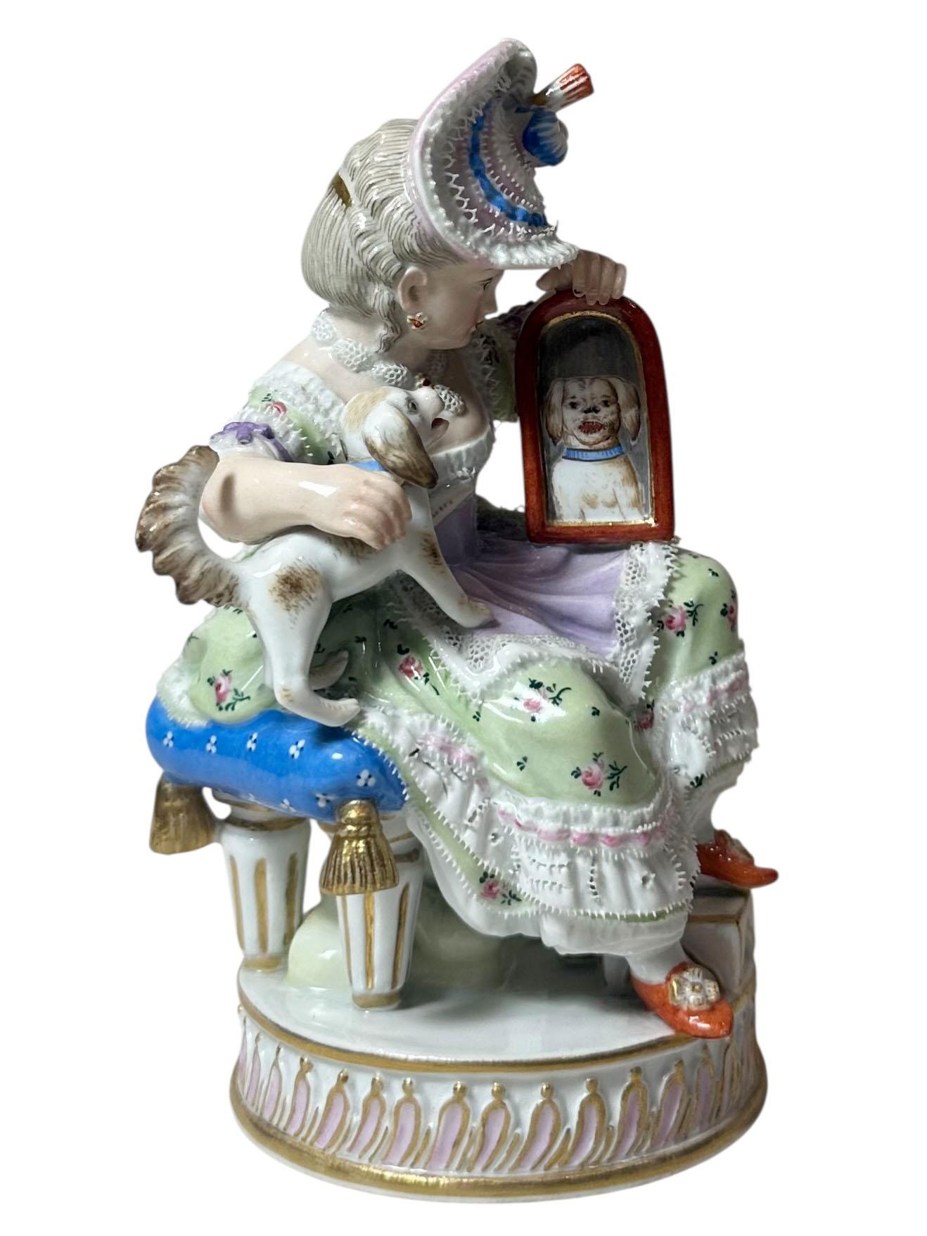 Meissen Porcelain Figure of a Girl with a Dog and Looking Glass in vendita 1