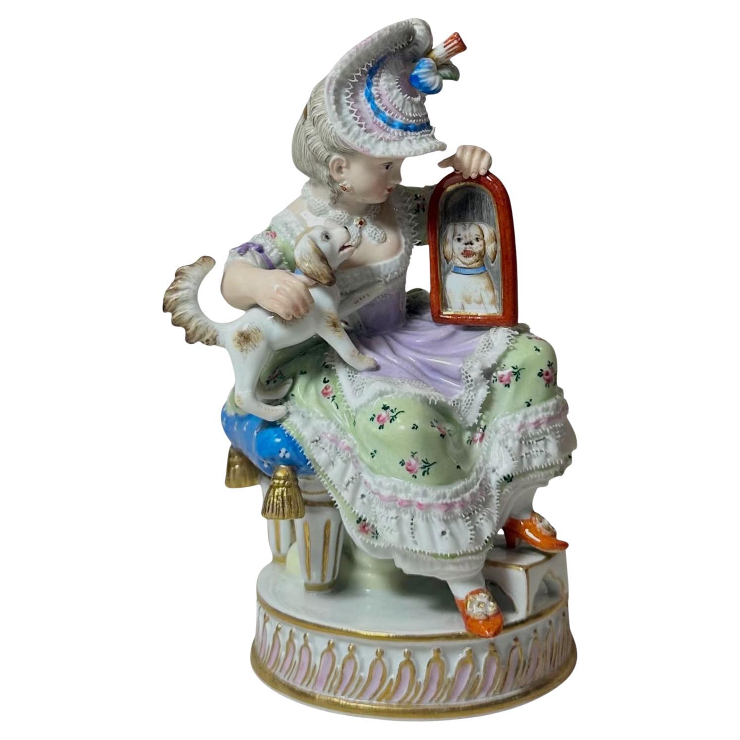 Meissen Porcelain Figure of a Girl with a Dog and Looking Glass