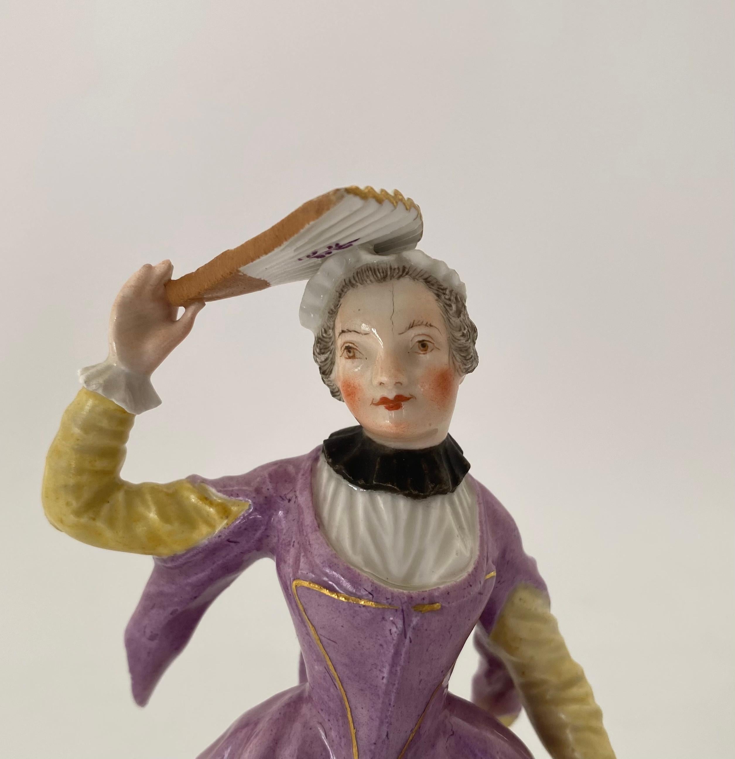 Meissen porcelain figure, ‘Polish Noblewoman’, c. 1750, modelled by Paul Reinicke. The elegant lady dressed in 18th Century costume, and holding a fan in her right hand. Set upon a circular rocaille moulded base, edged in gilt.
Medium: