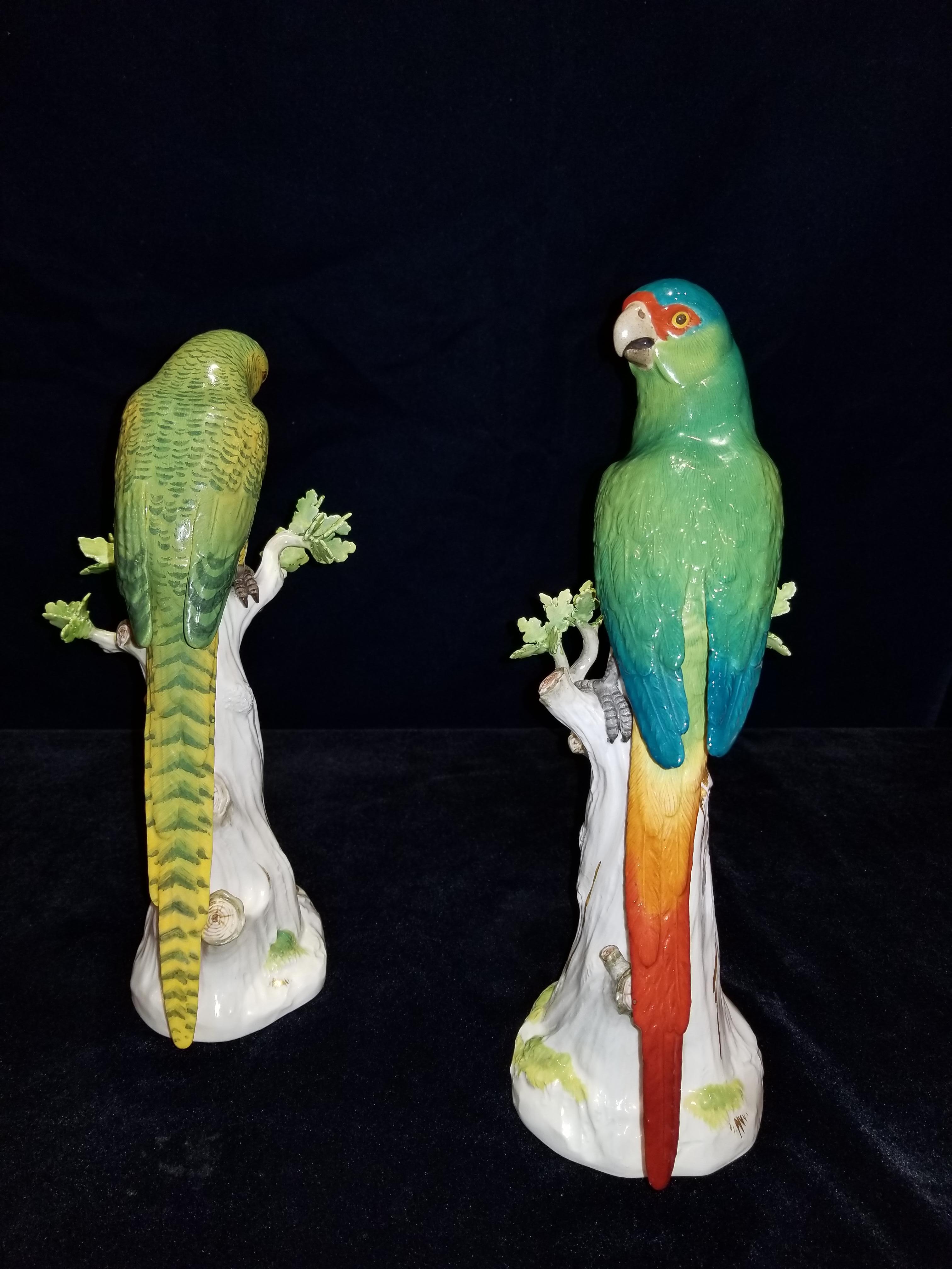 Rococo Meissen Porcelain Figures of Parrots Standing on Tree Branches with Leaves, Pair