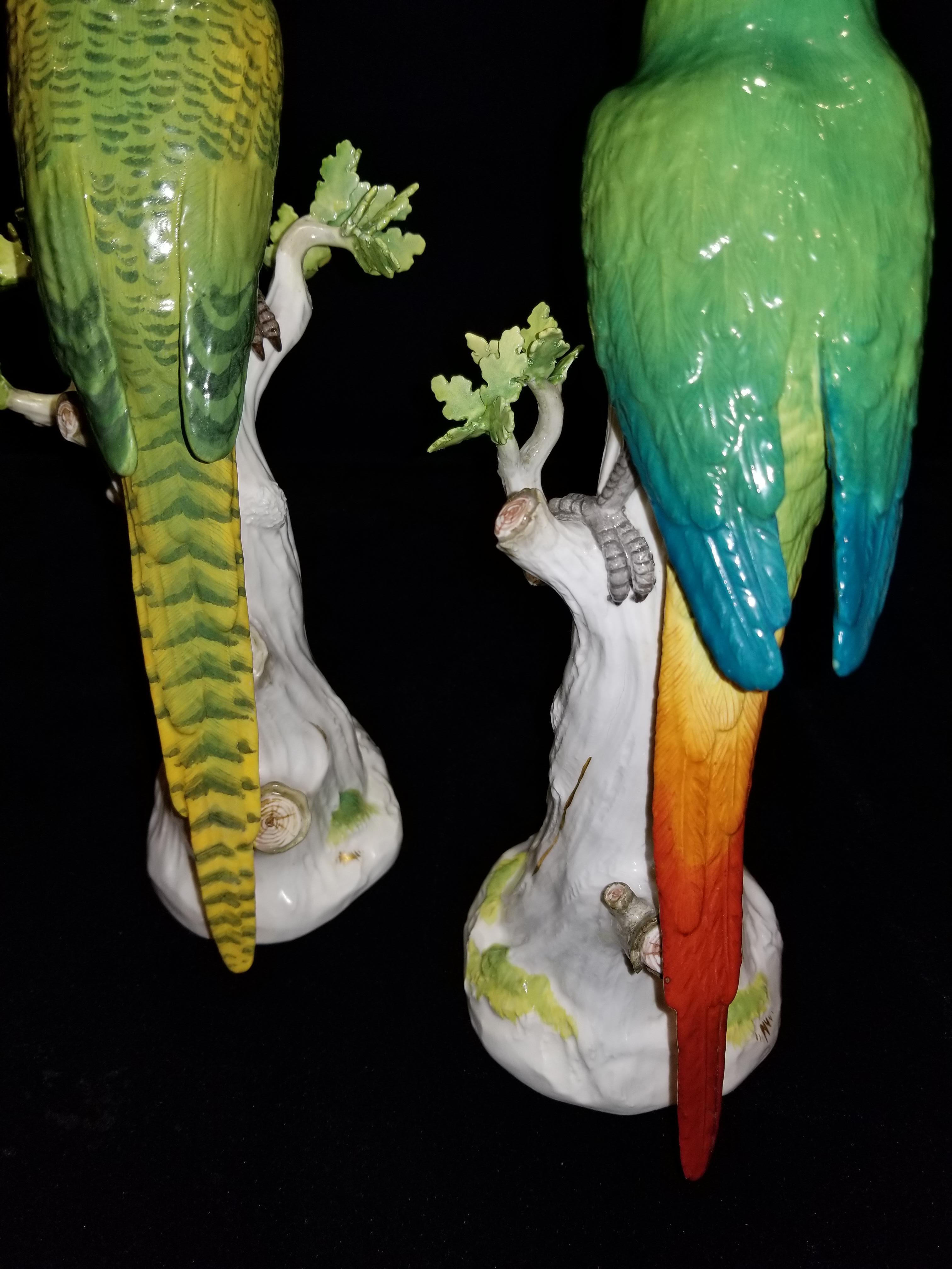 Meissen Porcelain Figures of Parrots Standing on Tree Branches with Leaves, Pair 2