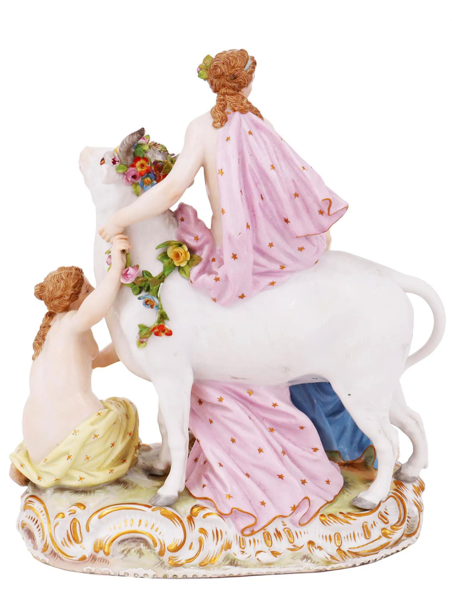 Our porcelain figurine from Meissen depicts Europa riding Jupiter, disquised as a bull, depicting the Rape of Europa from Ovid's Metamorphosis. 

It tells of the abduction of Europa by Jupiter, disguised as a bull. Charmed by the bull’s good