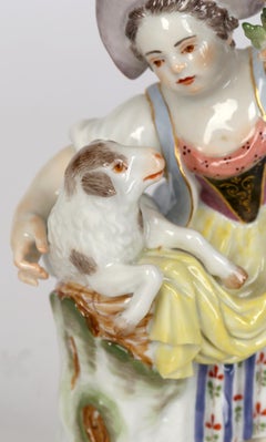 Meissen Porcelain Figurine of a Girl Feeding a Sheep