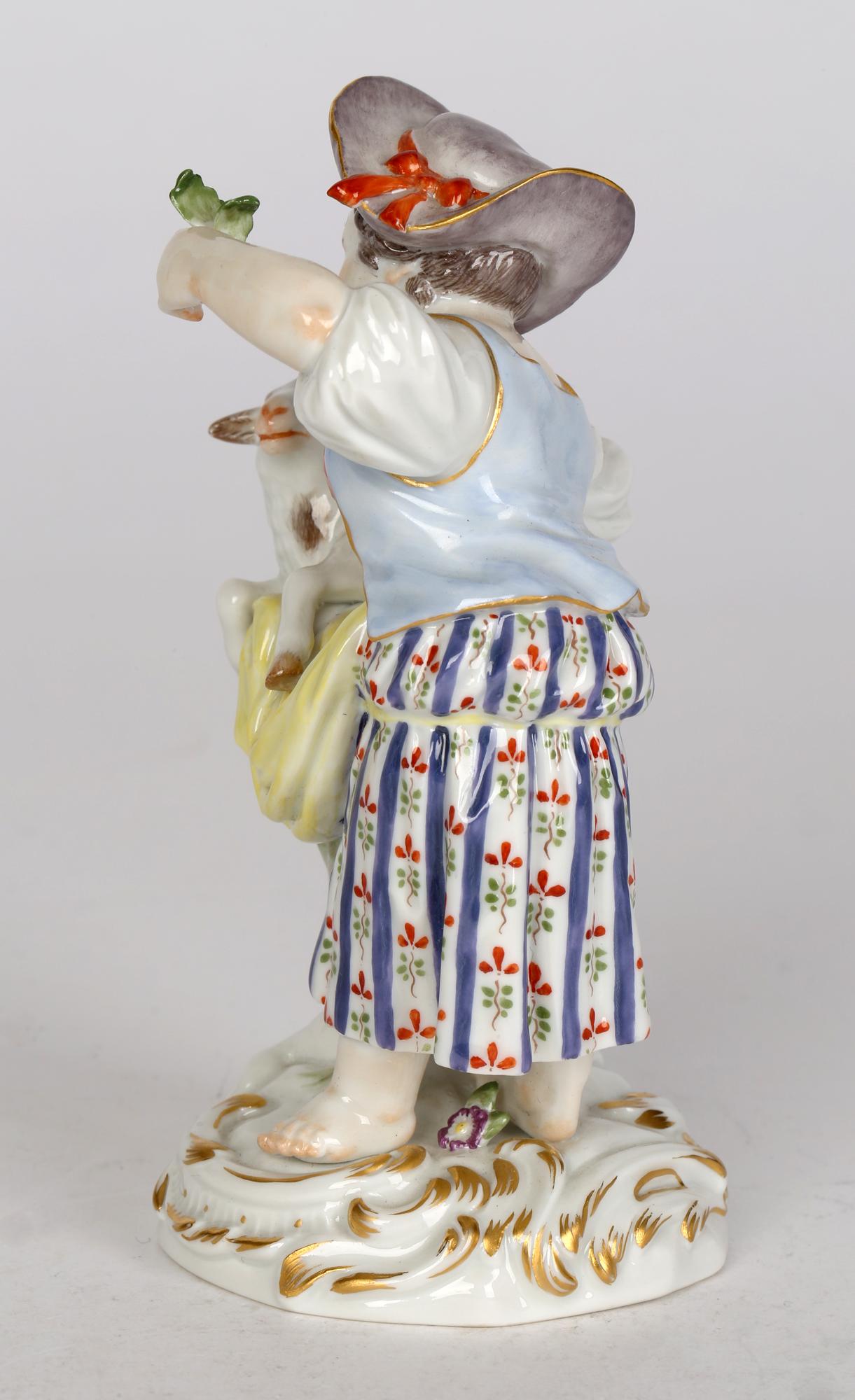 German Meissen Porcelain Figurine of a Girl Feeding a Sheep 