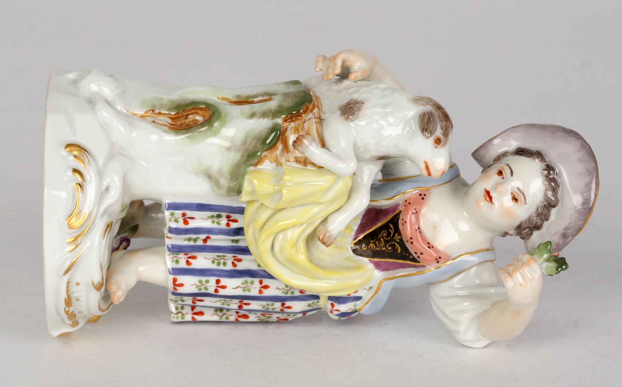 Hand-Painted Meissen Porcelain Figurine of a Girl Feeding a Sheep