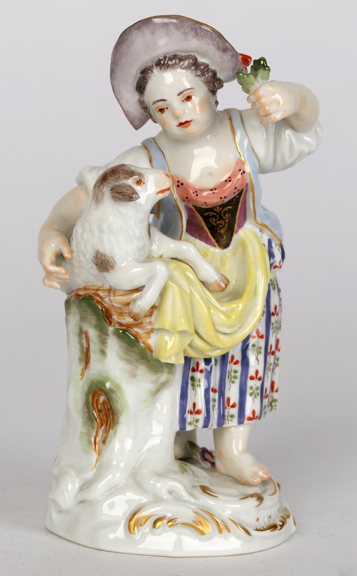 Meissen Porcelain Figurine of a Girl Feeding a Sheep  In Good Condition In Bishop's Stortford, Hertfordshire