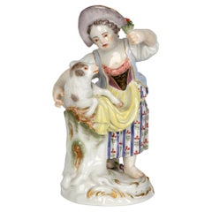 Meissen Porcelain Figurine of a Girl Feeding a Sheep 