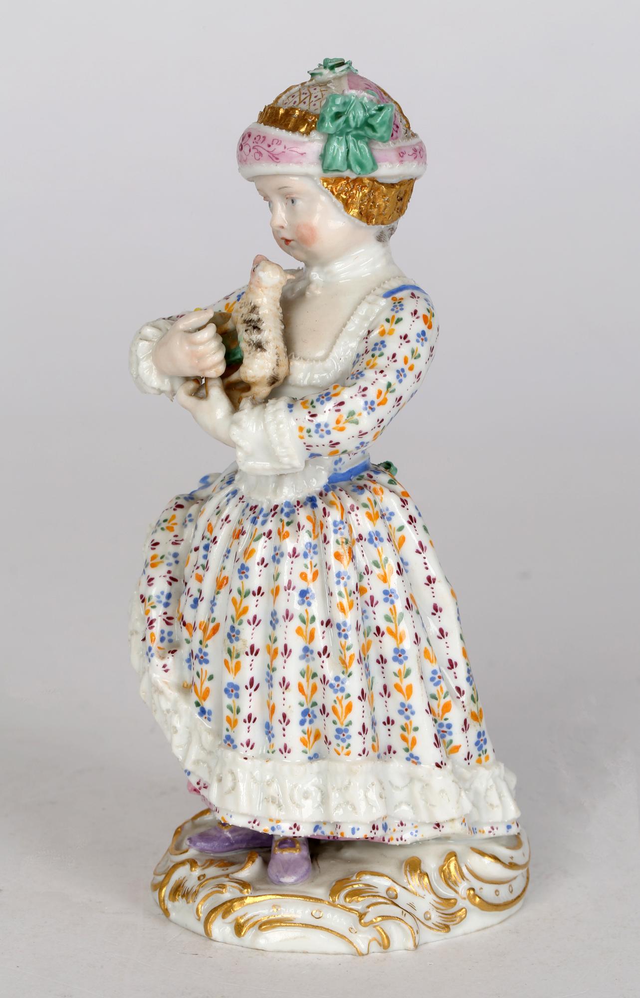 Hand-Painted Meissen Porcelain Figurine of a Young Girl Holding a Pull Along Animal Toy