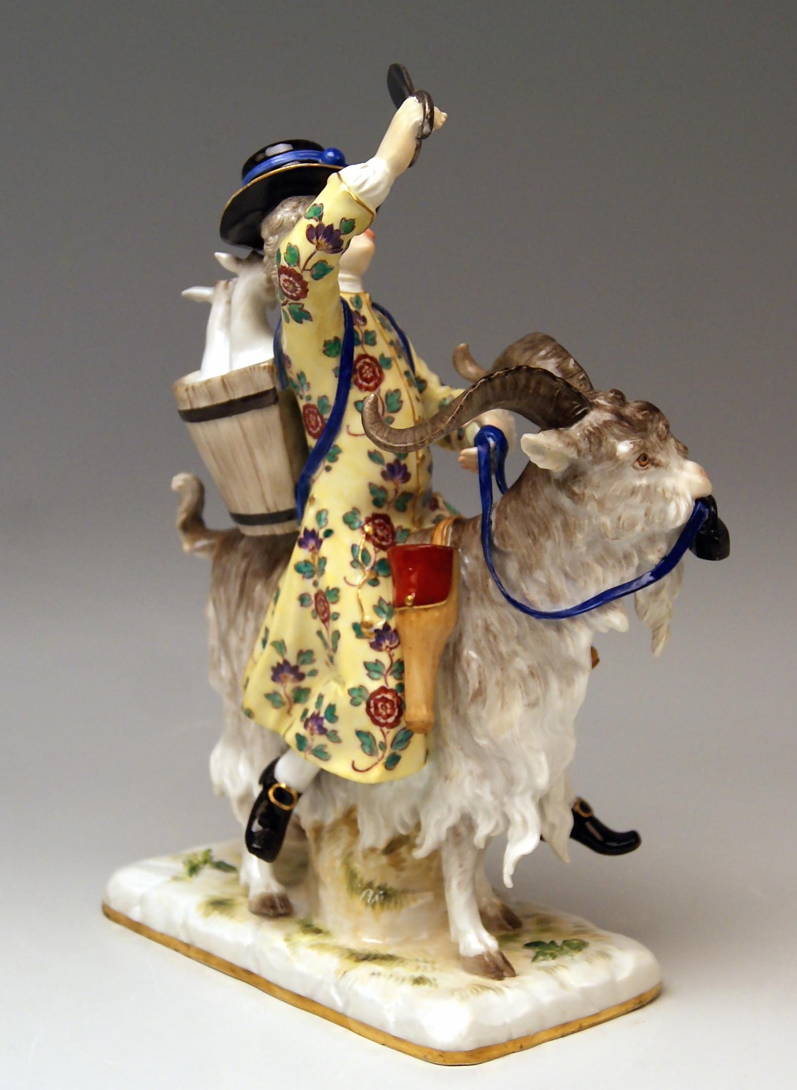 Meissen gorgeous figurine: Tailor Riding on Goat.
Dating: made 19th century (circa 1870)
Material: white porcelain, glossy finish, finest painting 
Technique: handmade porcelain

Designer:
Johann Joachim Kaendler (1706 - 1775) / he was chief