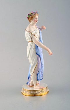 Meissen Porcelain Figurine, Woman in Blue Robes with Floral Wreath in Her Hair
