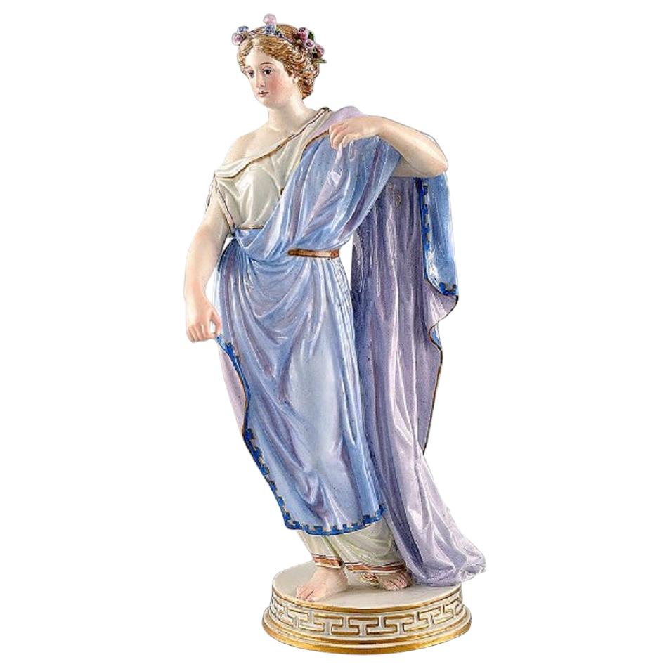 Meissen Porcelain Figurine, Woman in Blue Robes with Floral Wreath in Her Hair