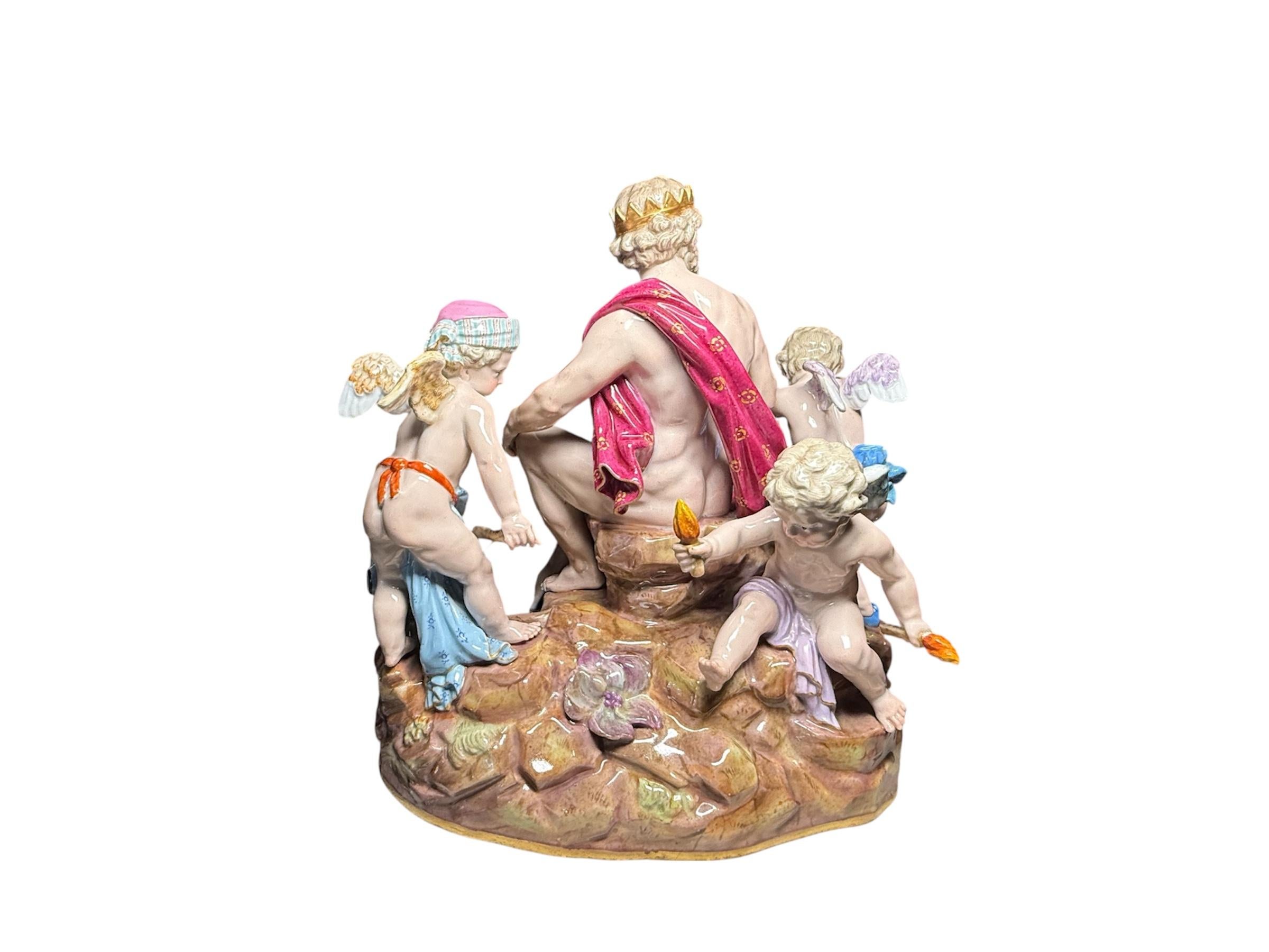 Dipinto a mano Gruppo di sculture di Zeus con cherubini di Meissen Porcelain in vendita