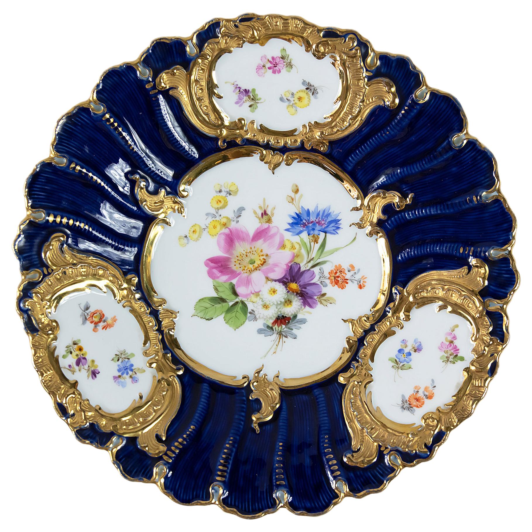 Meissen Porcelain Hand Painted and Gilded Cobalt Blue Plate	