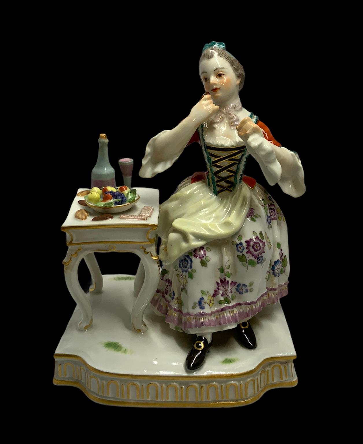 Victorian Meissen Porcelain Lady Figurine Enjoying a Meal