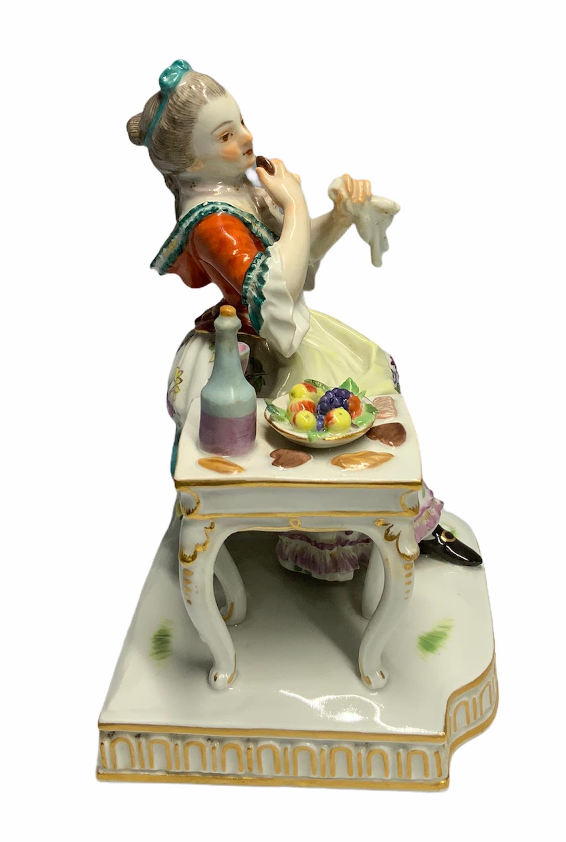 German Meissen Porcelain Lady Figurine Enjoying a Meal