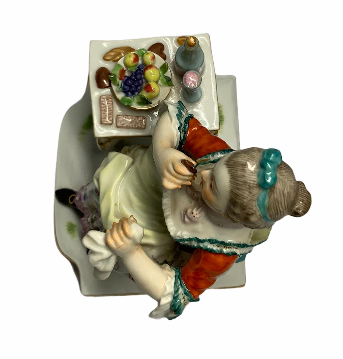 Hand-Painted Meissen Porcelain Lady Figurine Enjoying a Meal