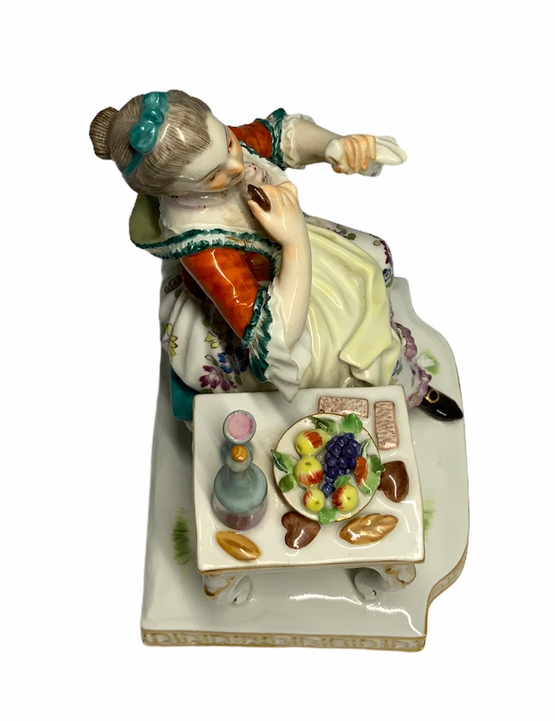 20th Century Meissen Porcelain Lady Figurine Enjoying a Meal
