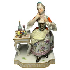 Antique Meissen Porcelain Lady Figurine Enjoying a Meal