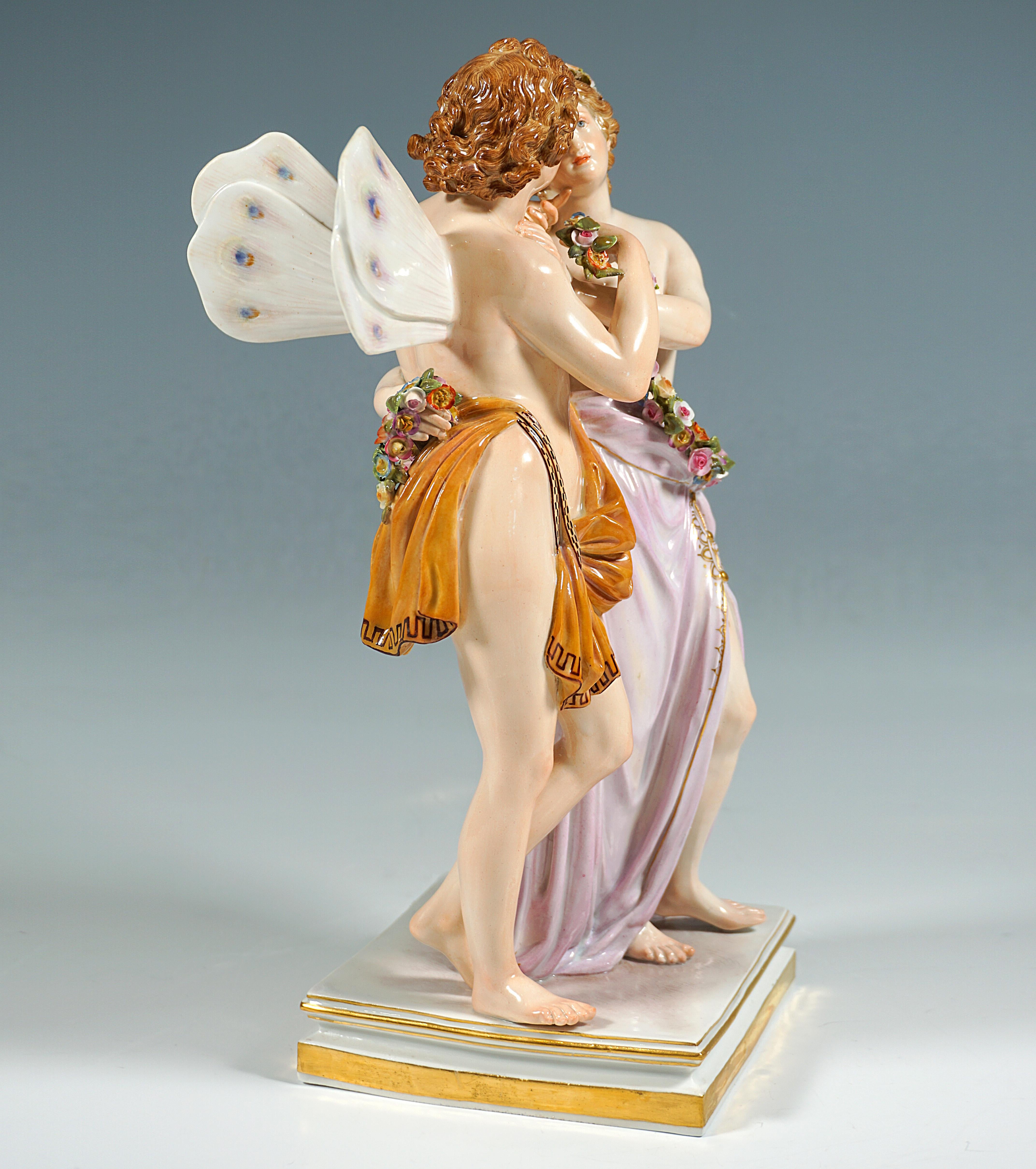Excellent large and rare Meissen figurine group from the 19th century:
The winged Zephyr, the gentle wind god, and Flora, goddess of vegetation and blossom, loosely wrapped in cloths, standing side by side, Flora placing a long garland of blossoms