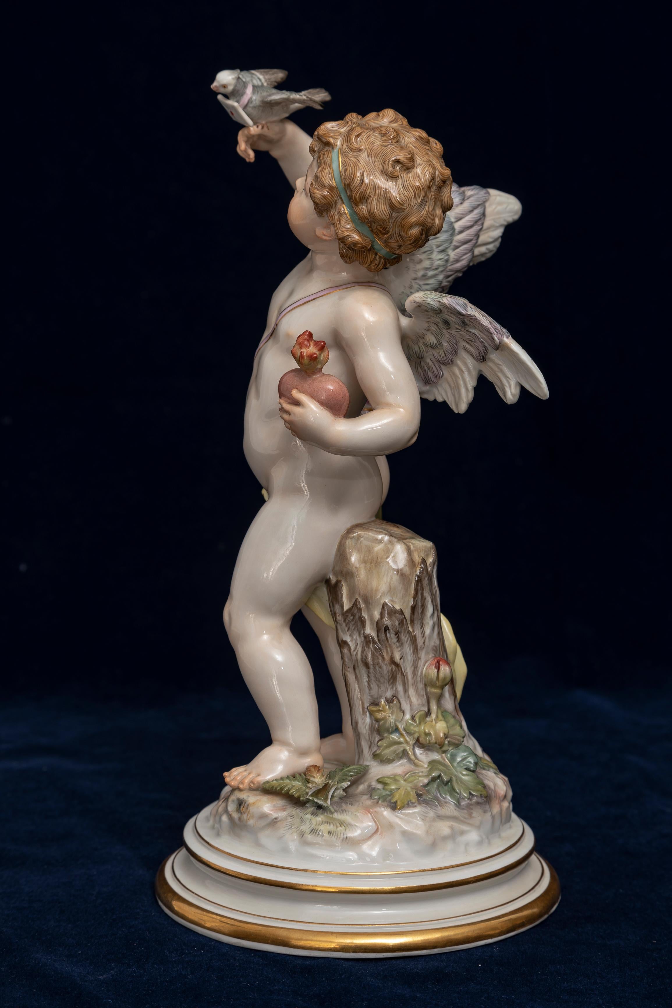 Meissen Porcelain, Love Series: Cupid Mailing a Love Letter with Love Bird C1870, SUPREME

A Meissen porcelain figure from the Love Series: Cupid Mailing a Love Letter with a Love Bird. Circa 1870, this piece epitomizes the finest quality in terms