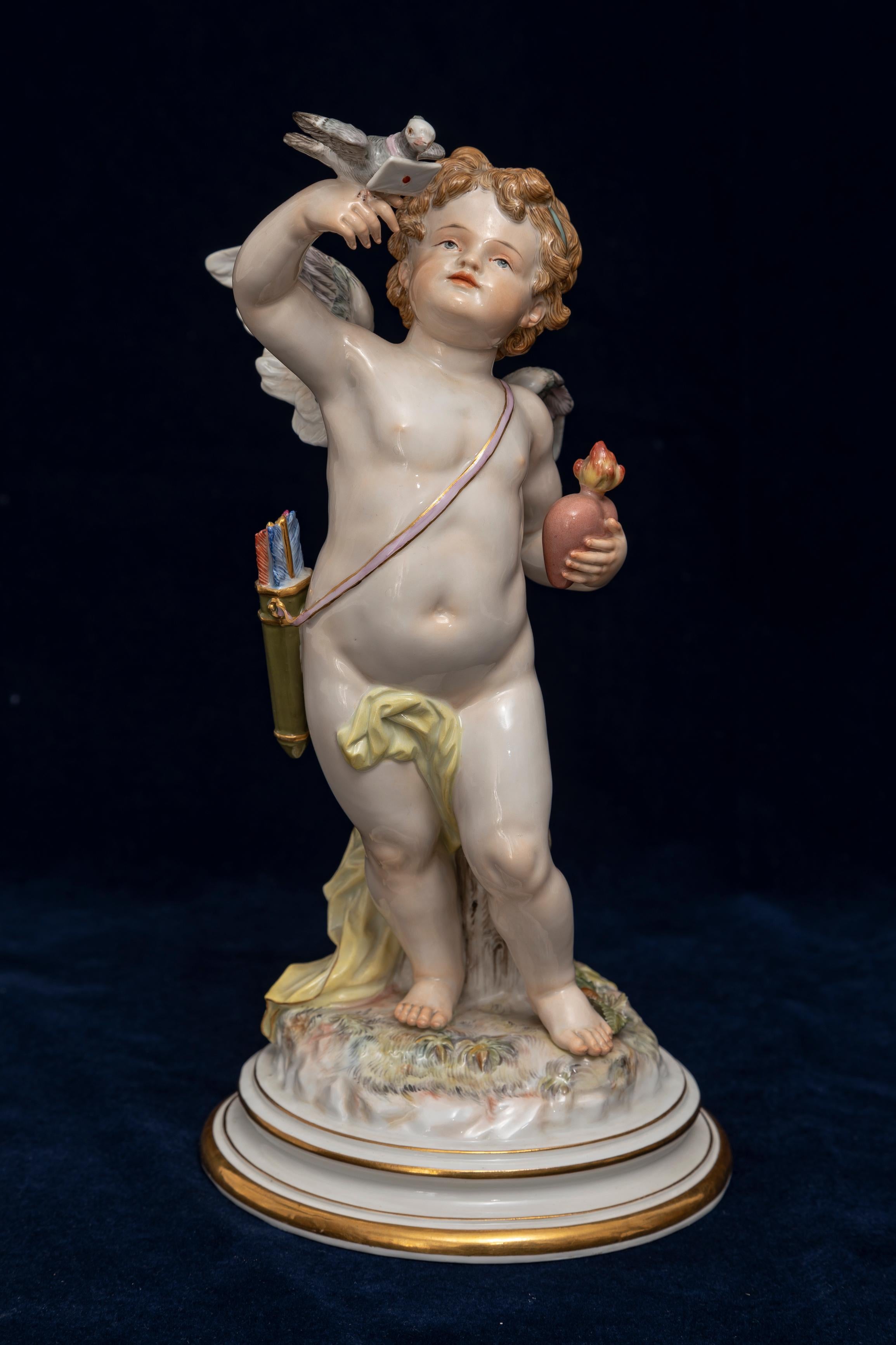 German Meissen Porcelain, Love Series: Cupid Mailing a Love Letter with Love Bird C1870 For Sale