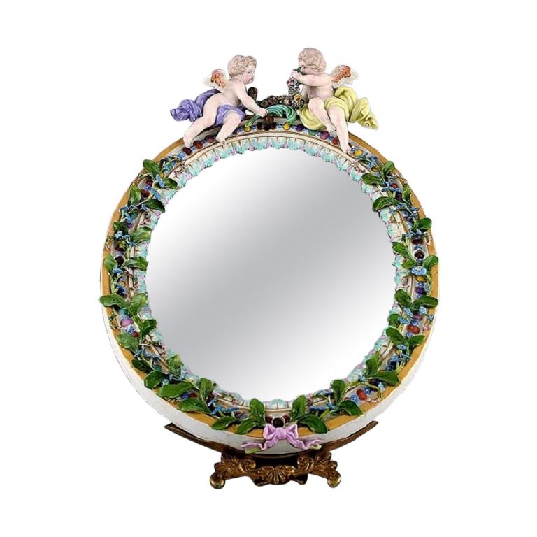 Meissen Porcelain Mirror, Decorated with Angels and Repousse Flowers, circa 1900