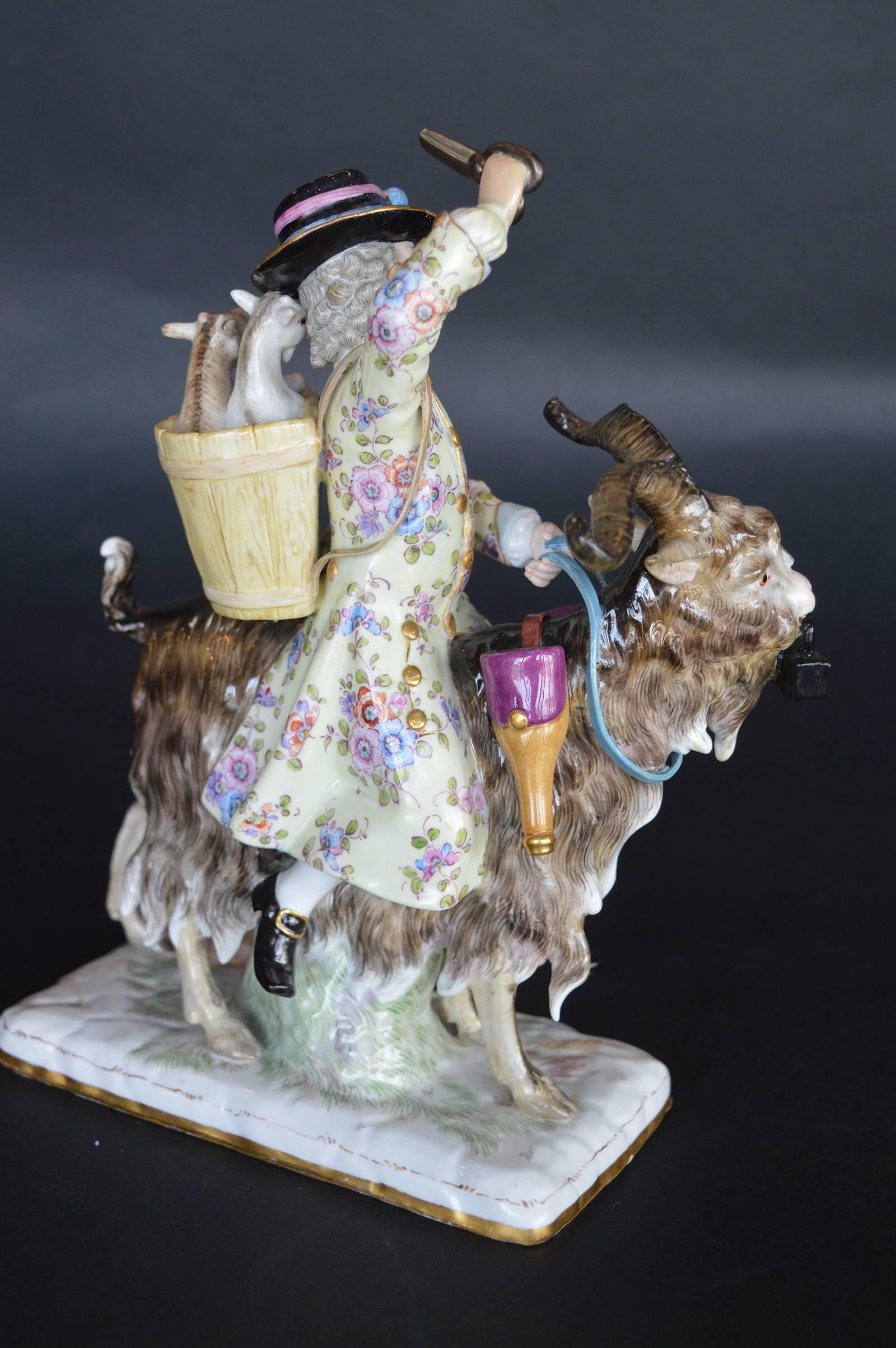 Meissen Porcelain of a Man on a Goat In Excellent Condition For Sale In Los Angeles, CA