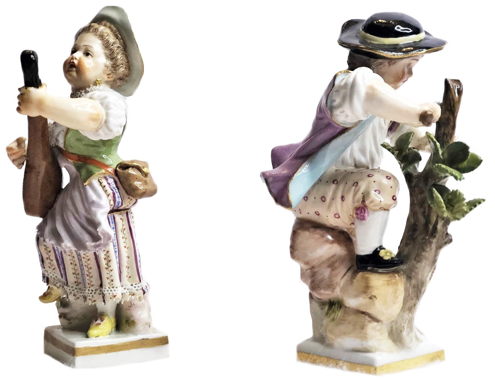 Executed in the best traditions of Meissen, this lovely pair of statuettes depicts a female mandolin player and a woodcutter, where a musician entertains the laborer while he is occupied with his work. 

Hallmarked with Meissen crossed swords and