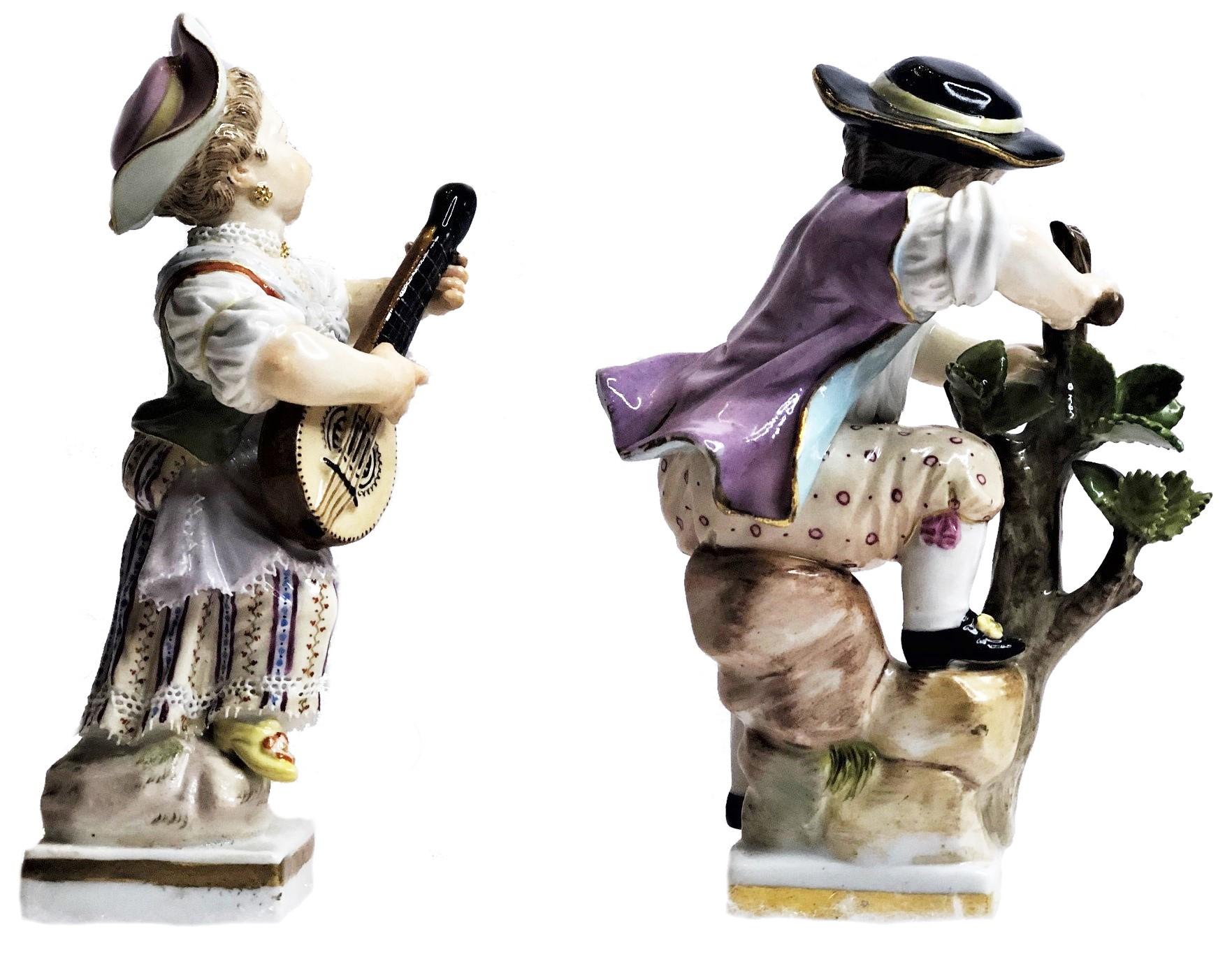 Belle Époque Meissen Porcelain, Pair of Mandolin Player & Woodcutter Figurines, ca. 1860’s For Sale
