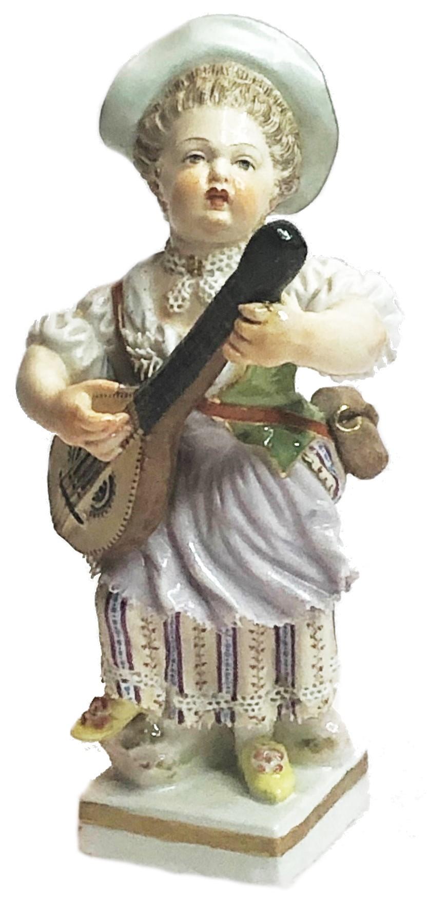 German Meissen Porcelain, Pair of Mandolin Player & Woodcutter Figurines, ca. 1860’s For Sale