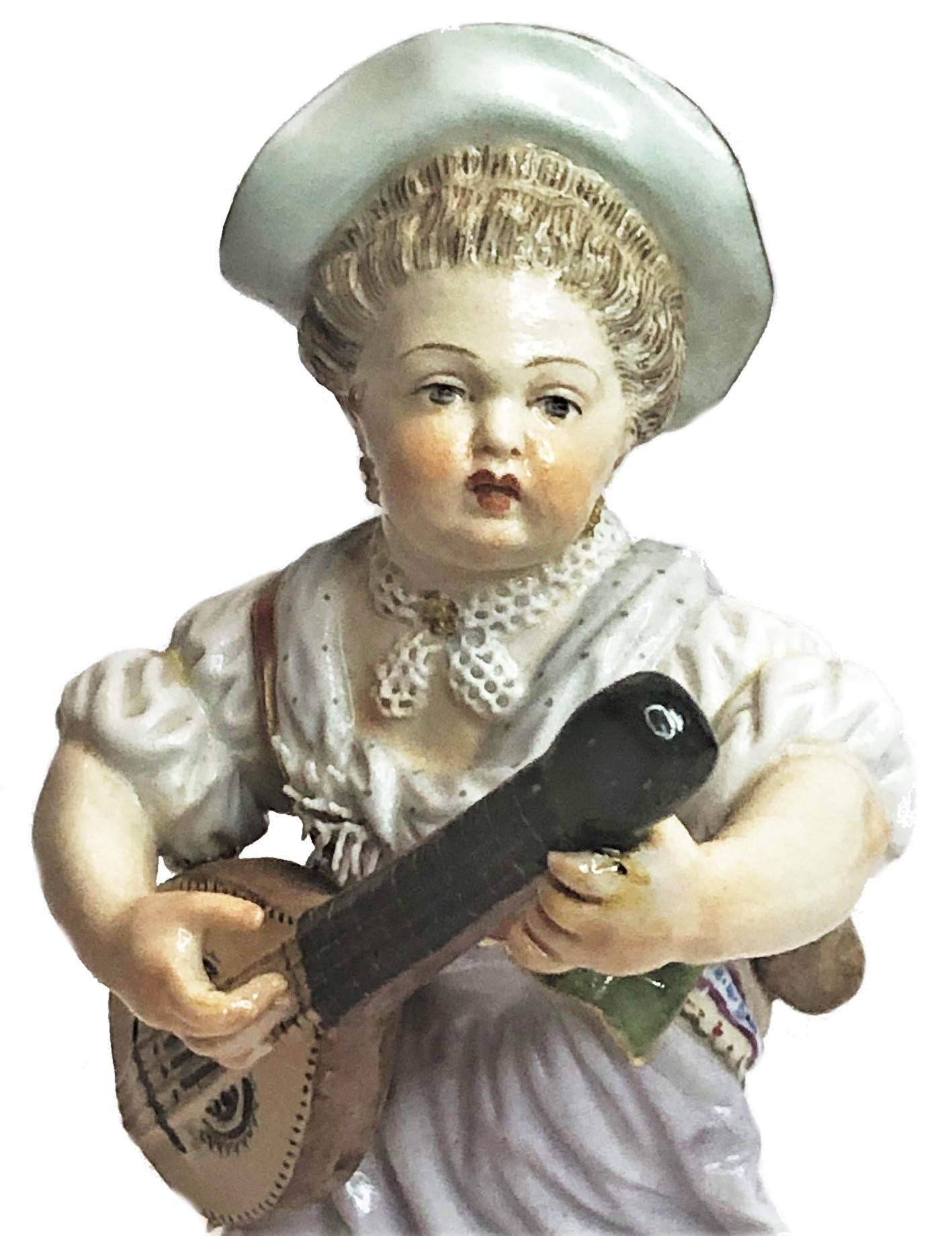 Painted Meissen Porcelain, Pair of Mandolin Player & Woodcutter Figurines, ca. 1860’s For Sale