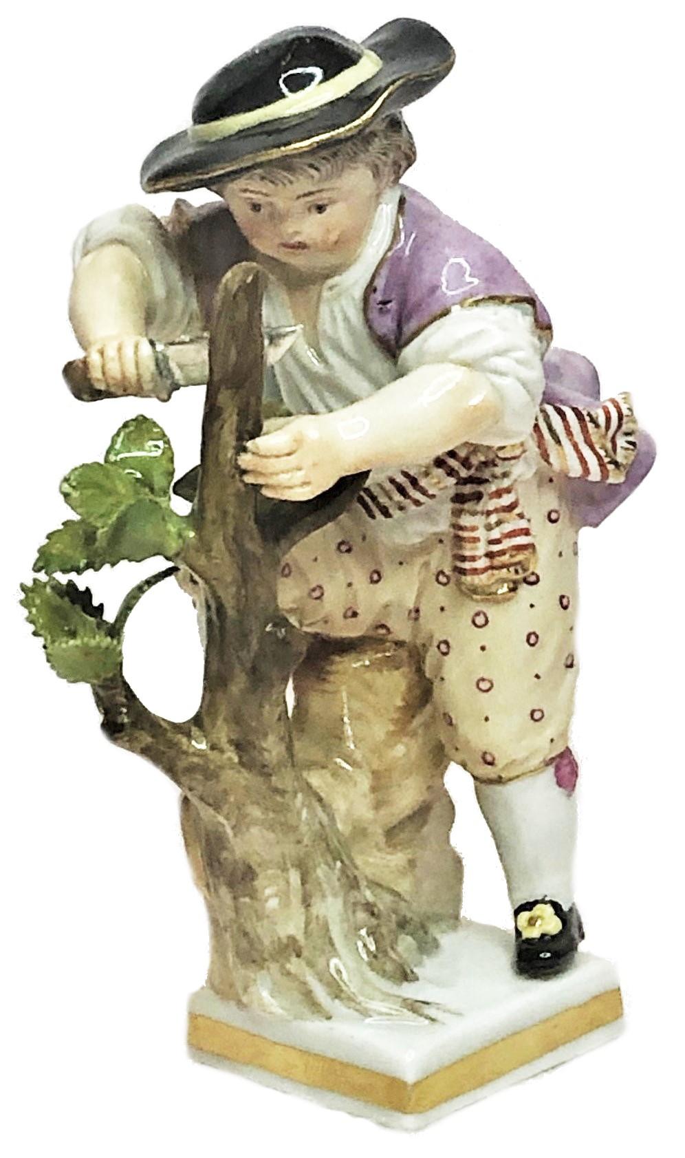 Mid-19th Century Meissen Porcelain, Pair of Mandolin Player & Woodcutter Figurines, ca. 1860’s For Sale