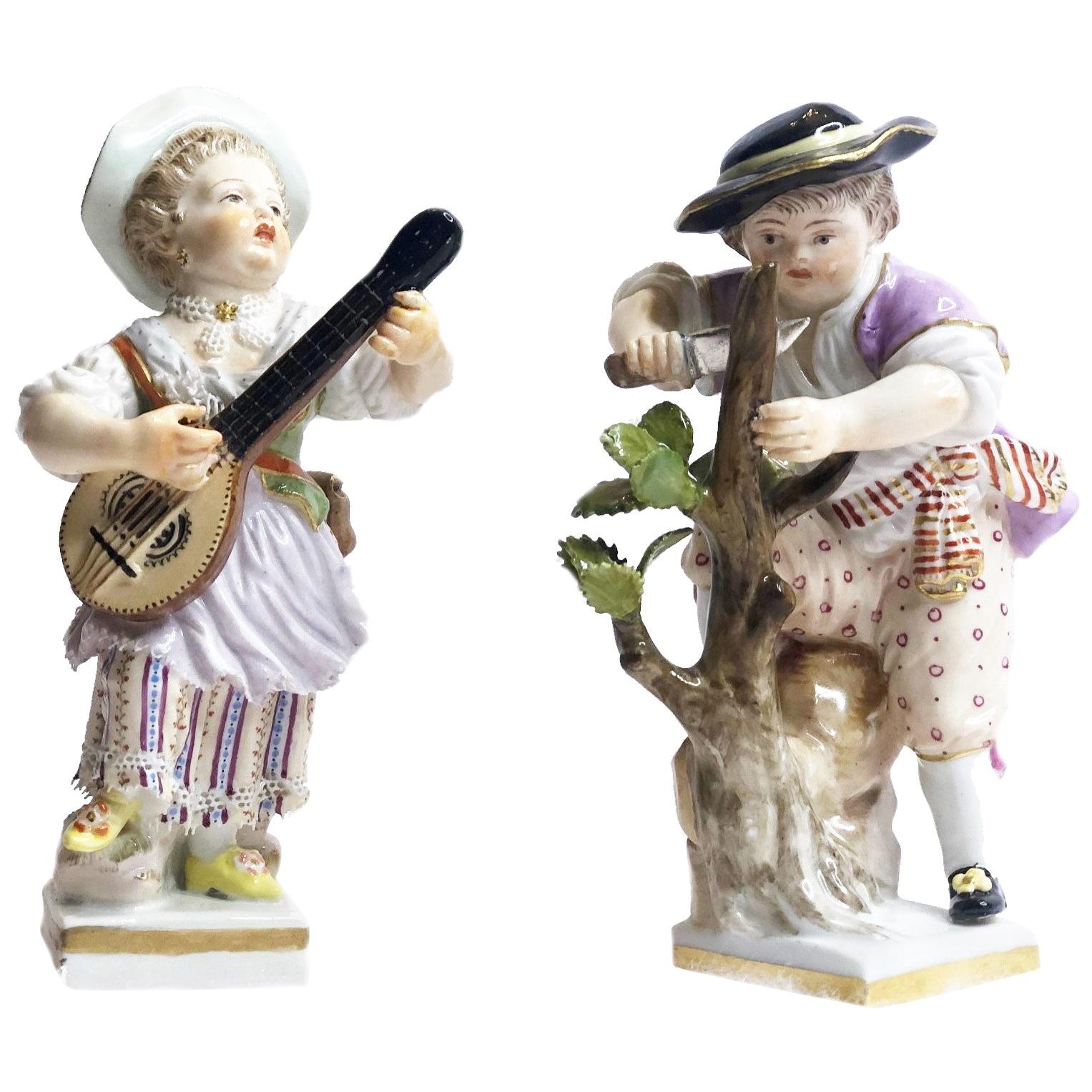 Meissen Porcelain, Pair of Mandolin Player & Woodcutter Figurines, ca. 1860’s For Sale