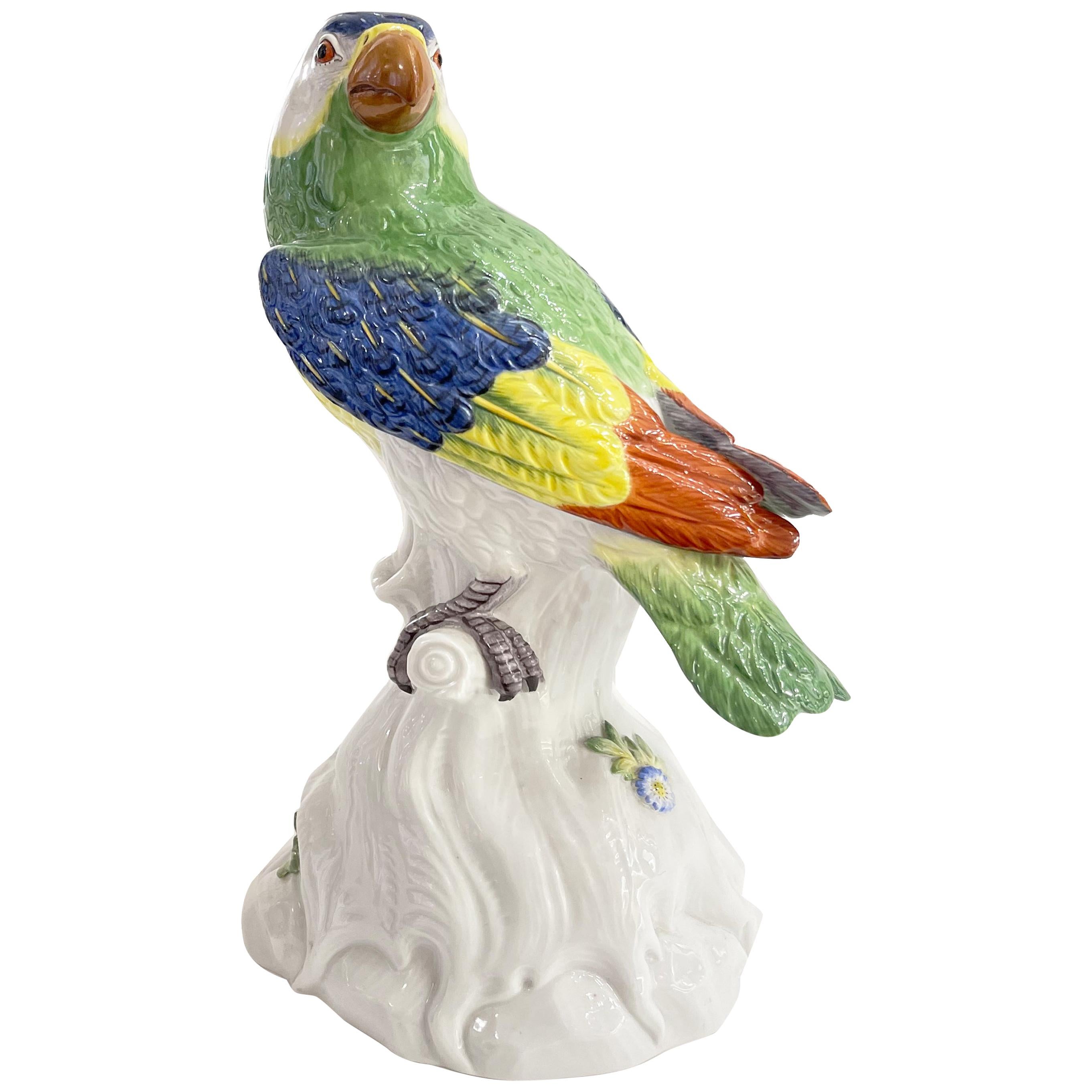 Hand Painted Multicolored Porcelain Parrot, Meissen Manufactory For Sale