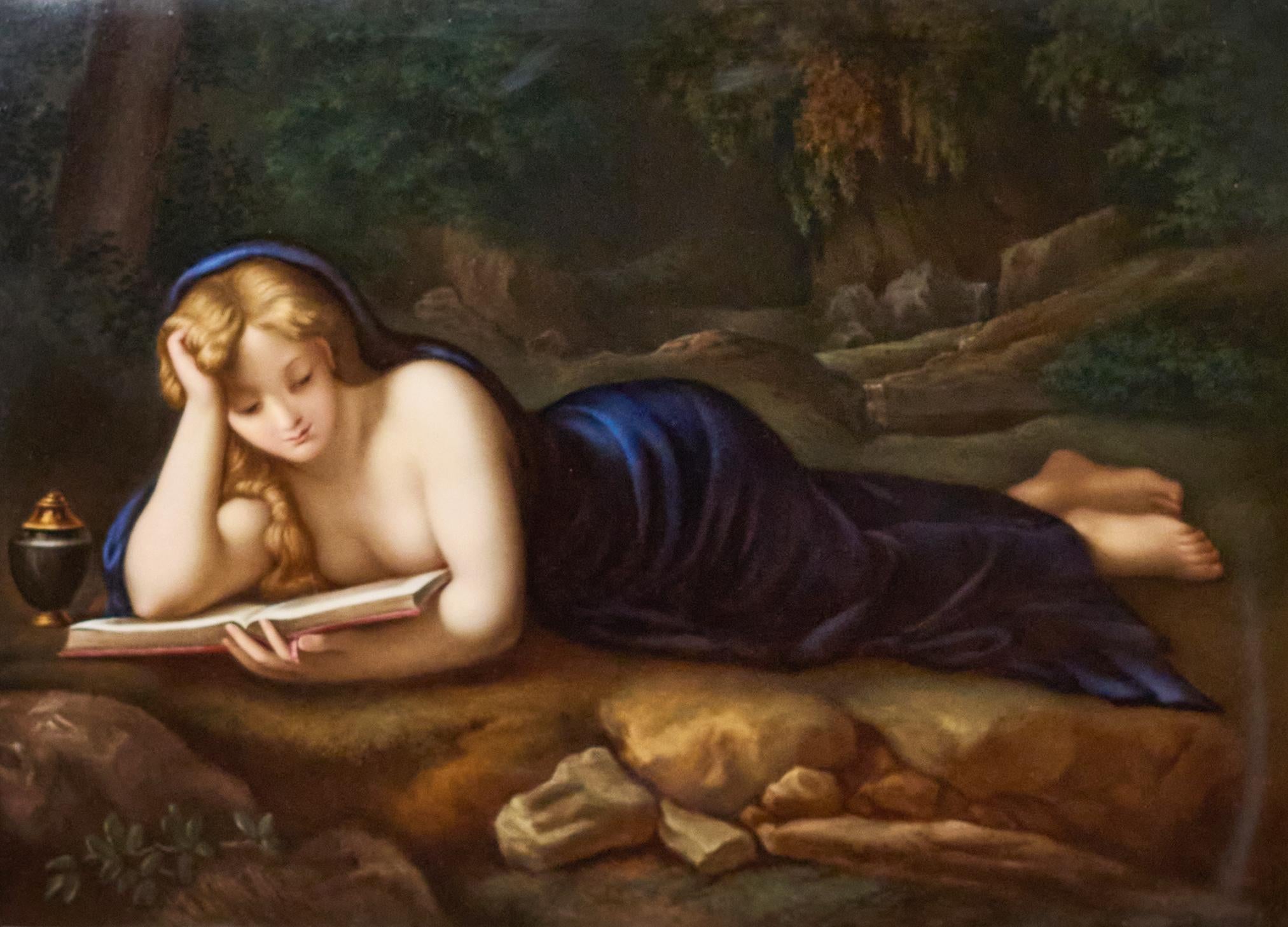 A large 19th century German Meissen rectangular porcelain plaque depicting Mary Magdalene reclining reading from a book. After Antonio Allegri (Italian, 1489-1534), called Correggio. Mary situated in a grotto, clothed only in a cloak, reading