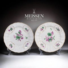 Meissen Porcelain Plates, Pair, Dulong Rococo Relief, Hand Painted Floral - 9.8”